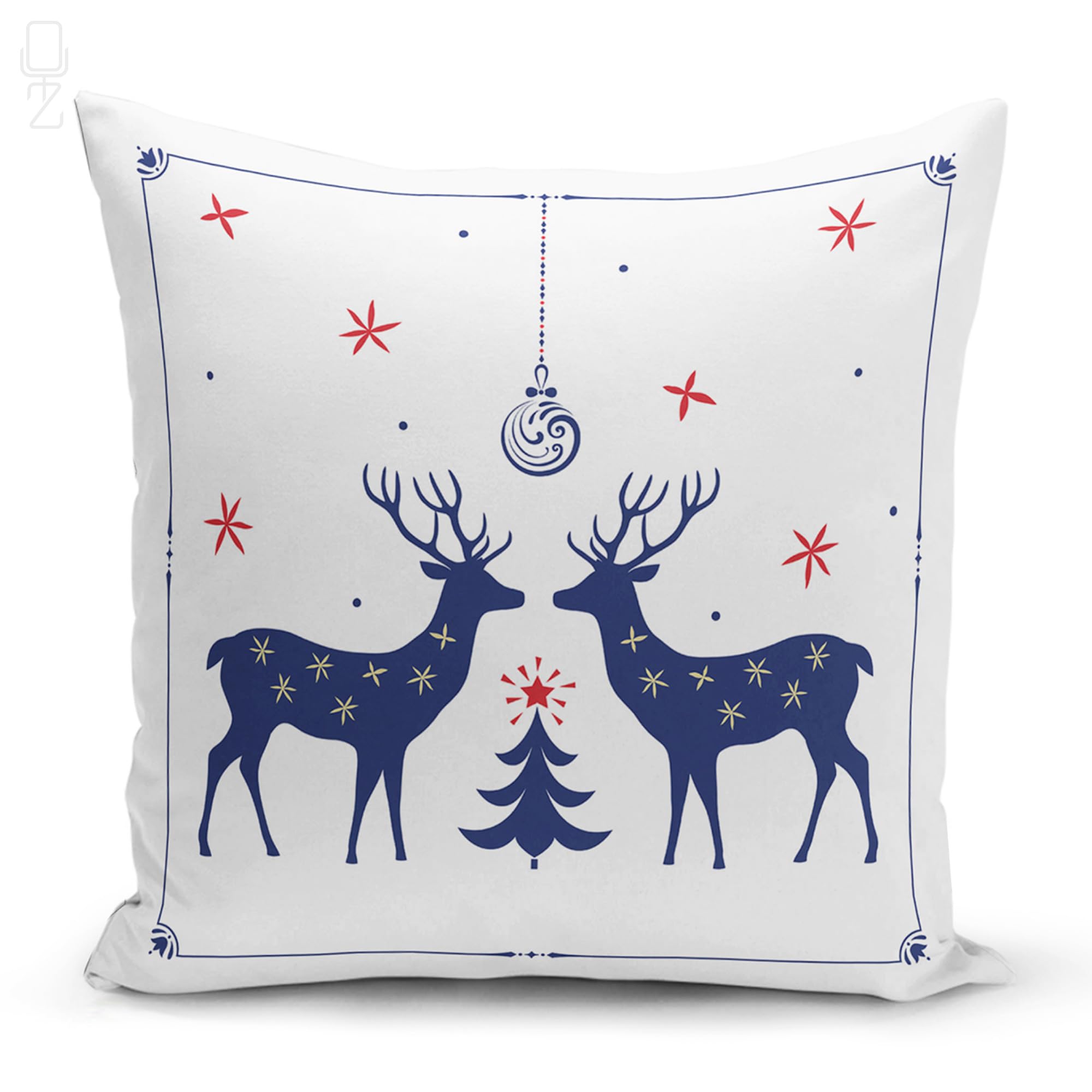 OyzShop Navy & White Christmas Cushion Cover with Double Reindeer and Xmas Themed, Double Sided with Multi-Sizes, 35x35cm (14x14 Inch), Option 3 (1 Piece)