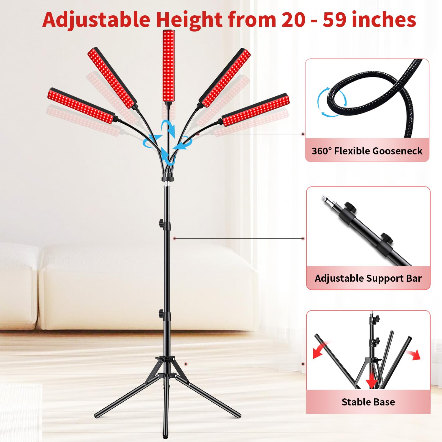 Cholas Red Light Therapy for Face Body, 5 Heads Red Infrared Light Therapy Devices, 7 Colors Red Light Therapy Lamp, 660nm and 850nm LED Near Infrared Light for Full Body, Face, Skin, Muscle