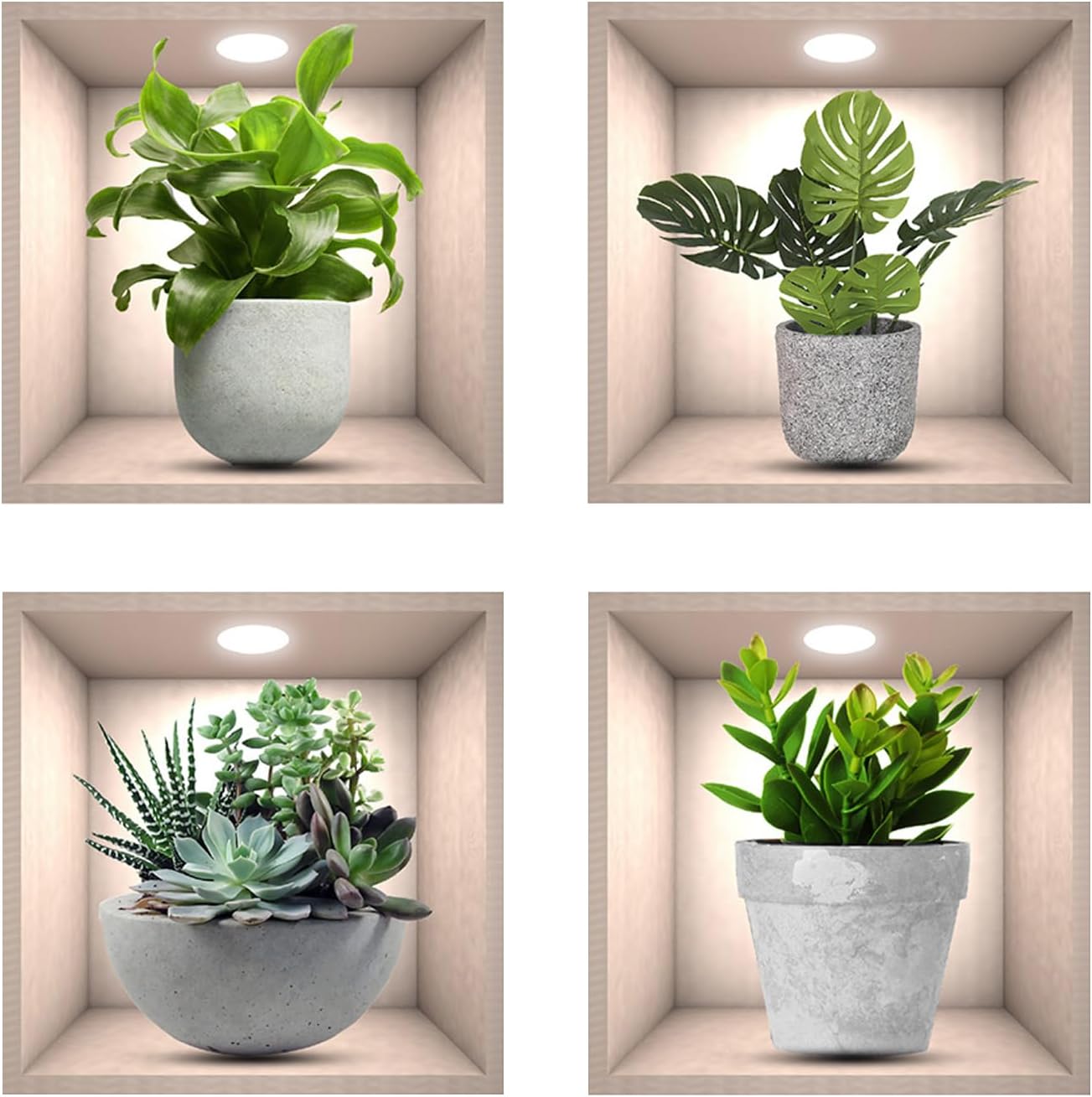 3D Green Plant Wall Stickers, 4Pcs Waterproof Vinyl Wall Art Decals, Realistic Self-Adhesive Wall Decor for Bathroom Kitchen Living Room Bedroom Home Decor (Plant)