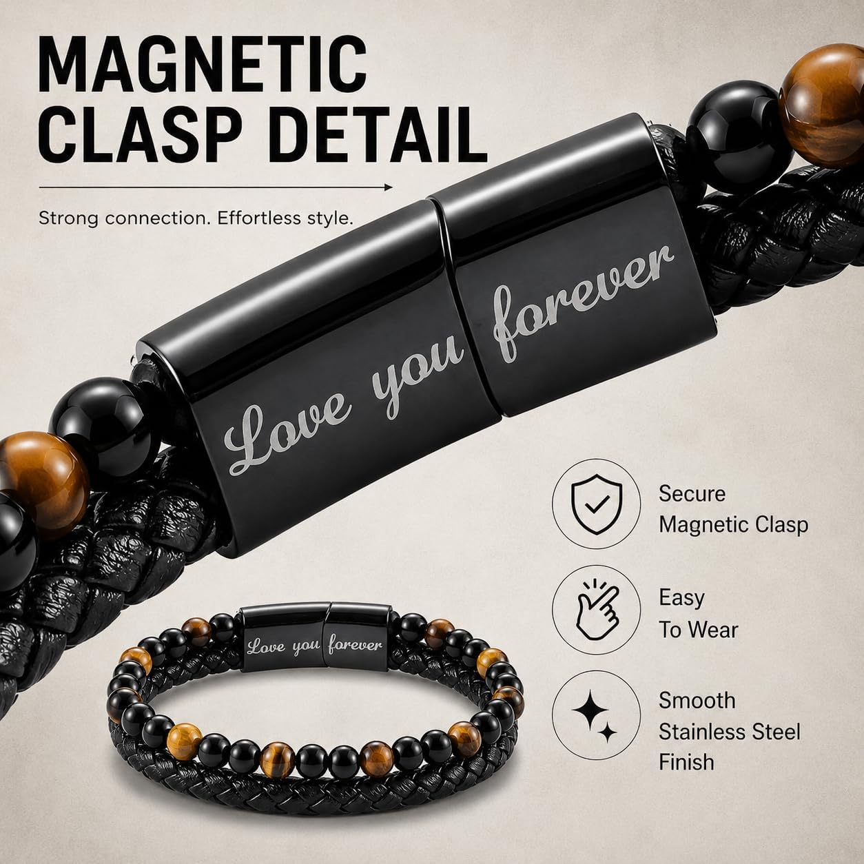 The Guardian - Son's Tiger Eye Protection Bracelet From Mom, Black Braided Leather natural stone Inspirational Bracelets Engraved Love You Forever Birthday Gift Jewelry