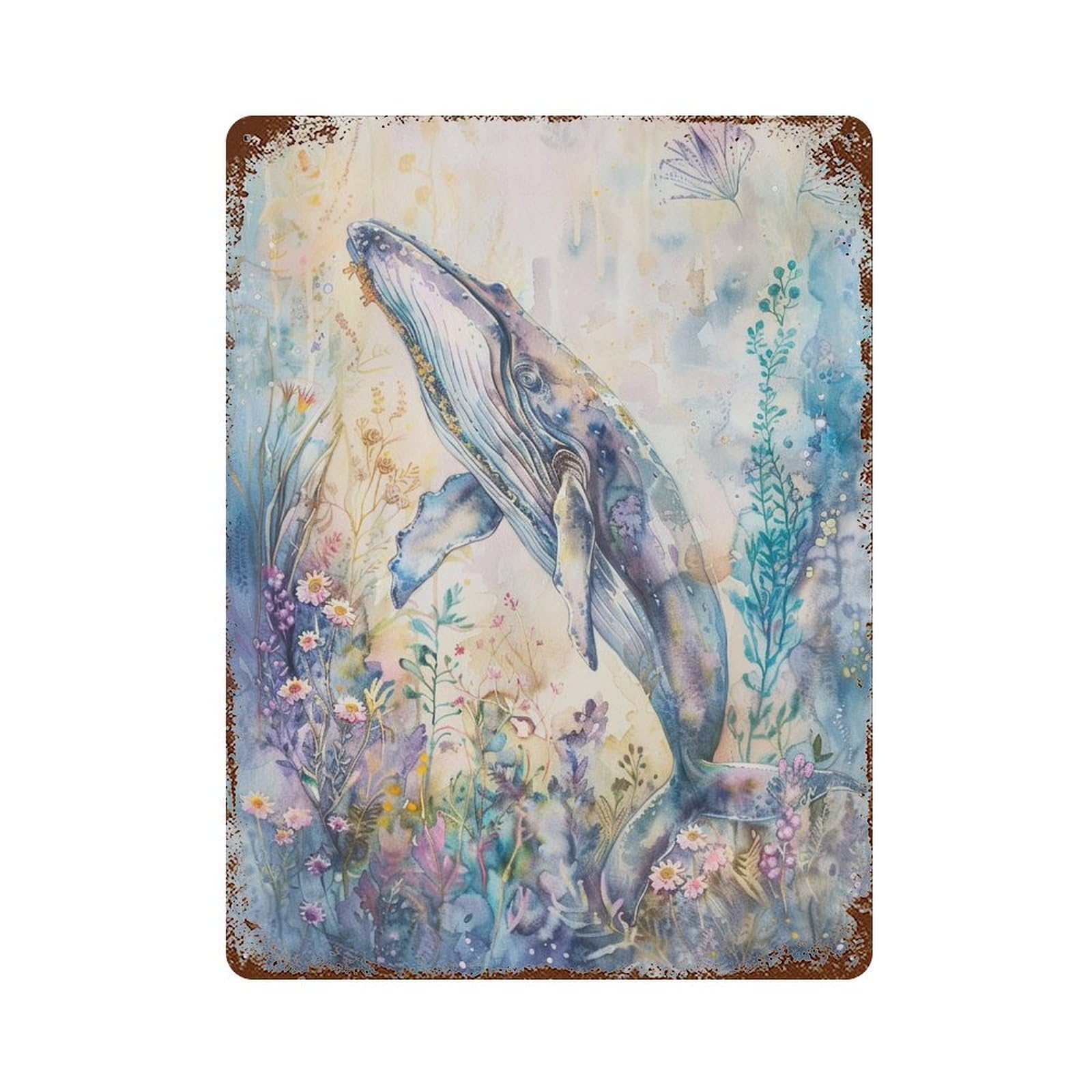 Rust Effect Whale in Watercolor Art Retro Metal Sign 15.7"x11.8", Novelty Wall Decor for Bistro, Counter And Cafe Decor