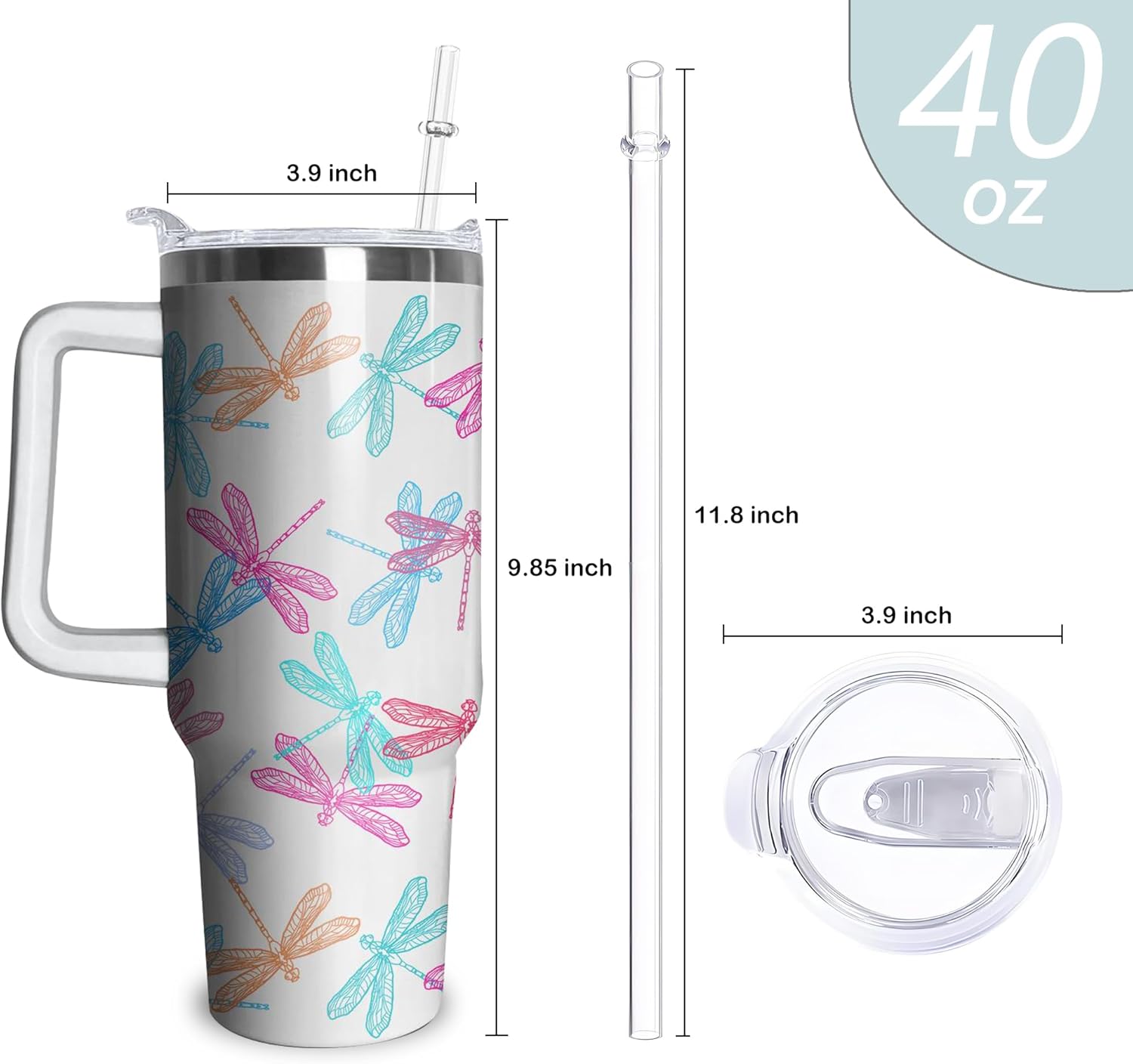 Dragonfly Tumbler with Handle and Straw, 40 oz Stainless Steel Pink Insulated Cup with Lid and Straw,Travel Coffee Mug Water Bottle, Birthday Christmas Mothers Day Gifts for Animal Lovers Women - Image 2