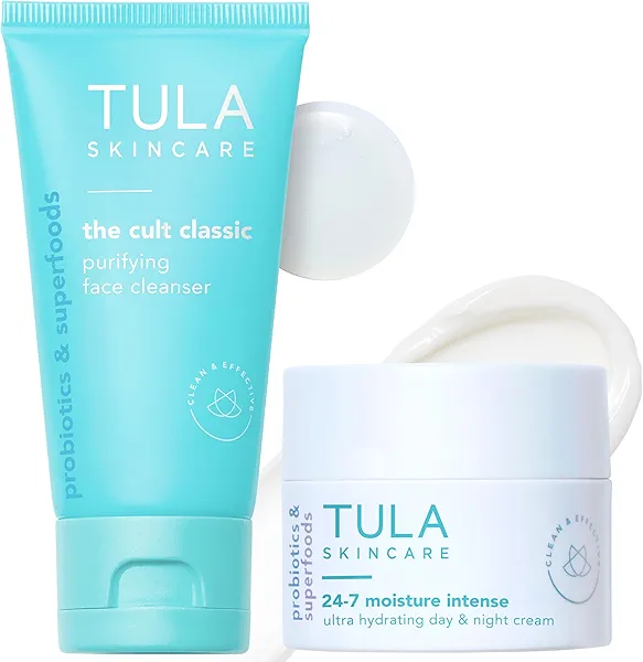 TULA Skin Care 24-7 Moisture Intense Ultra Hydrating Day & Night Cream, 1.5 oz + Cult Classic Purifying Face Cleanser Travel Size 1 oz, 2 Piece Set