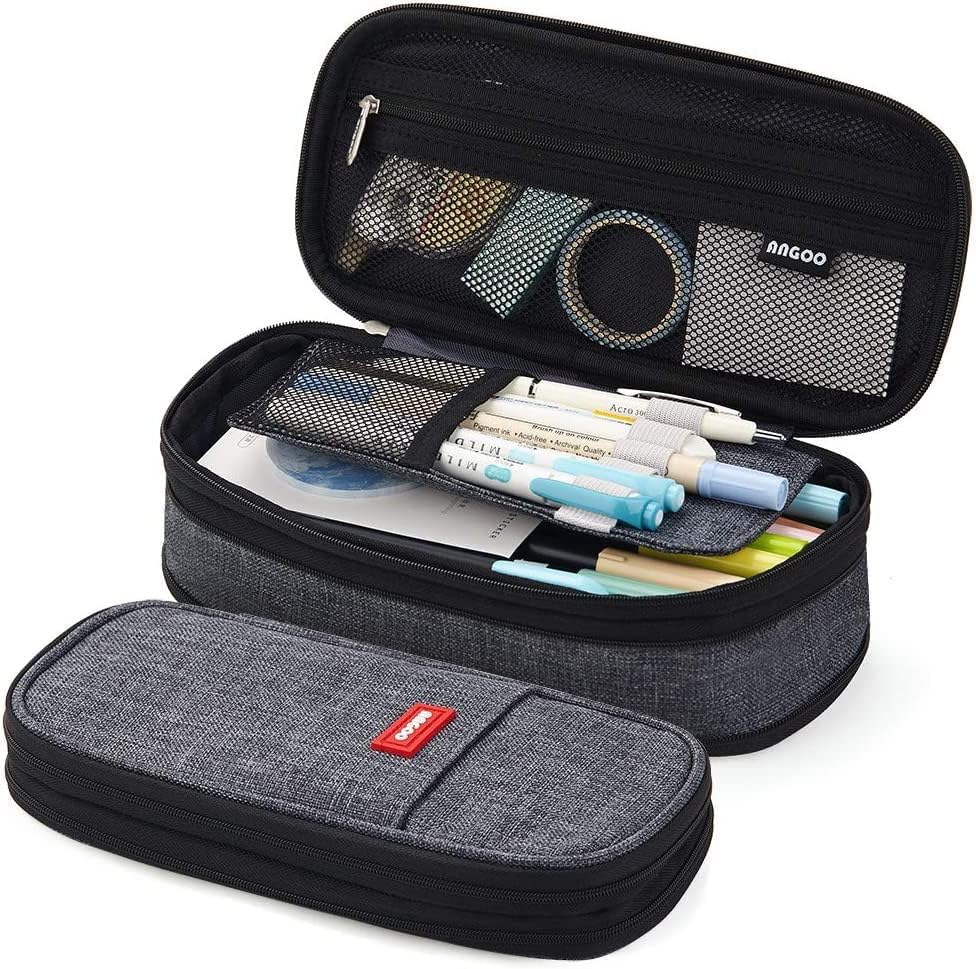 Image of FineMoe Large Pencil Case Stationery Items for Girls and Boys, Canvas Bags Pen Pencil Pouch for School College and Office, Organize Makeup Cosmetic, Aesthetic Cute Stationary Box for Daily Use (Black)
