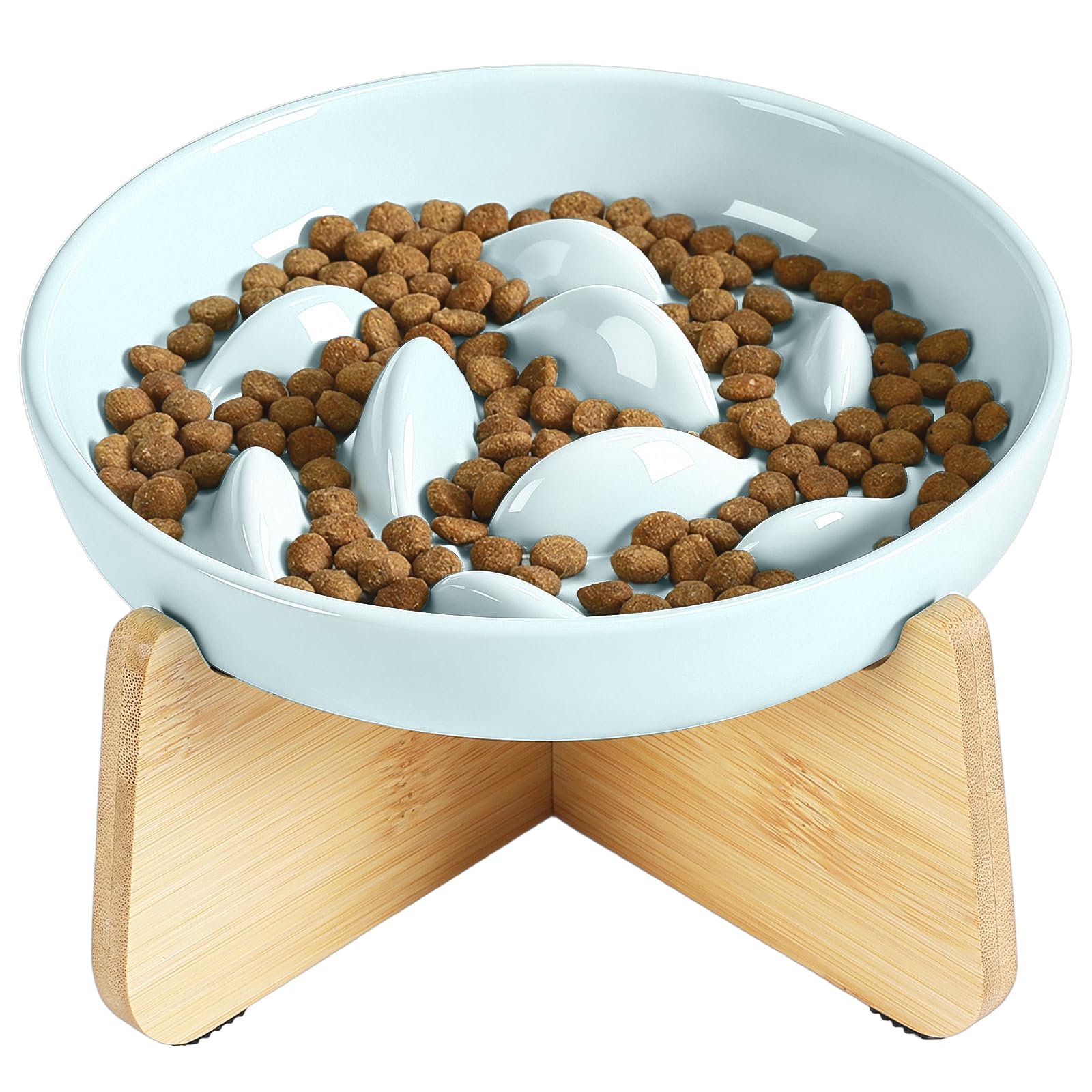 PETTOM Slow Feeder Cat Bowl Ceramic with Bamboo Stand, Raised Rim Spill Proof Slow Eating Cats Bowls for Wet Food/Dry Food((Green)