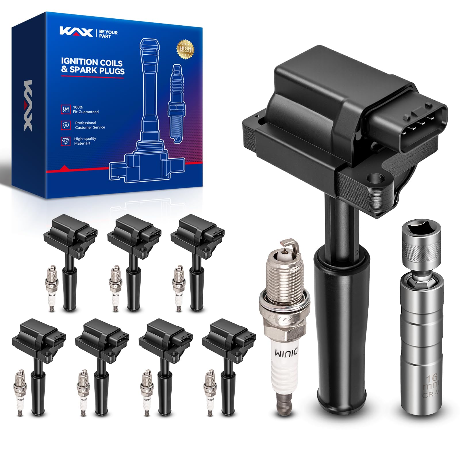 KAX 8 Ignition Coils &amp; 8 Spark Plugs Kit for Jaguar XK8 99-02, XJ8 99-03