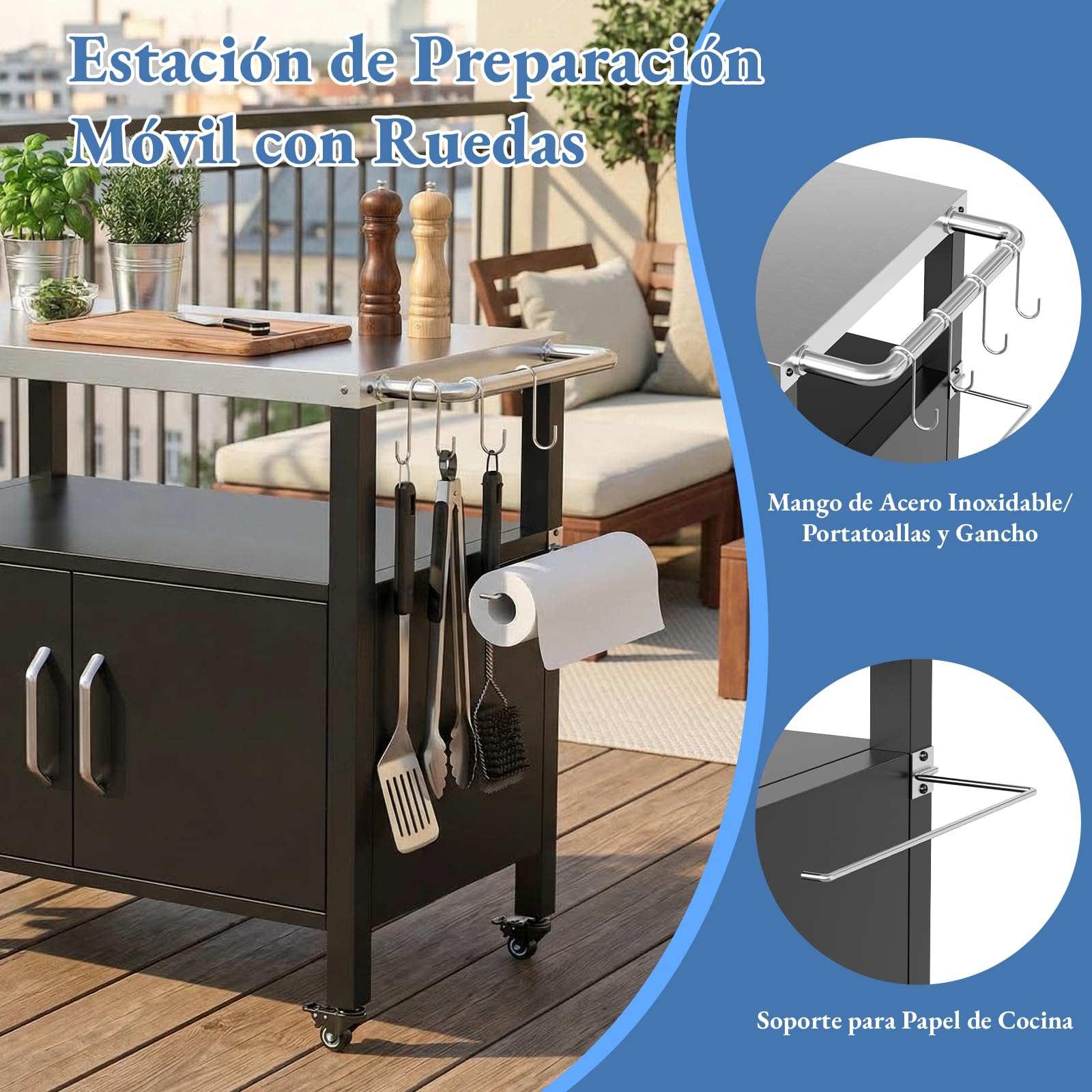 TLSUNNY Carro de Barbacoa con Armario, Carrito para Barbacoa con Encimera de Acero Inoxidable, Mesa de Grill con 4 Ruedas, Carrito de Cocina Exterior para Jardín, Terraza, Balcón Fiesta, 112 x 51 cm