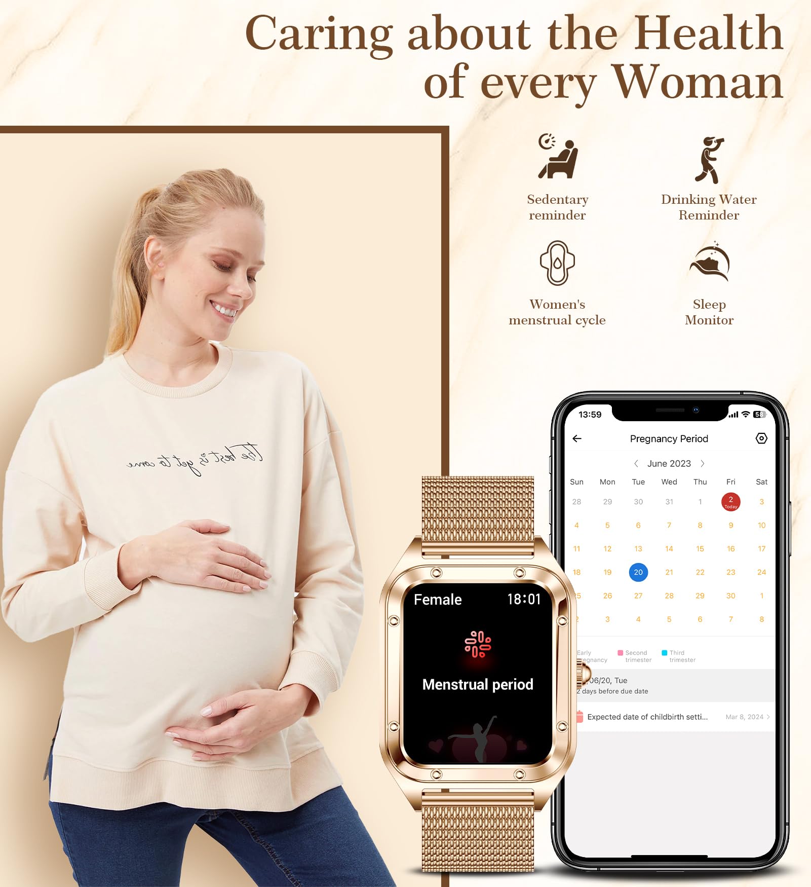 Smartwatch Damen Bluetooth 1,6 Zoll Fitness Tracker Herzfrequenz SpO2 Schlafmonitor 19 Sport Schrittzähler Kompatibel Android iOS