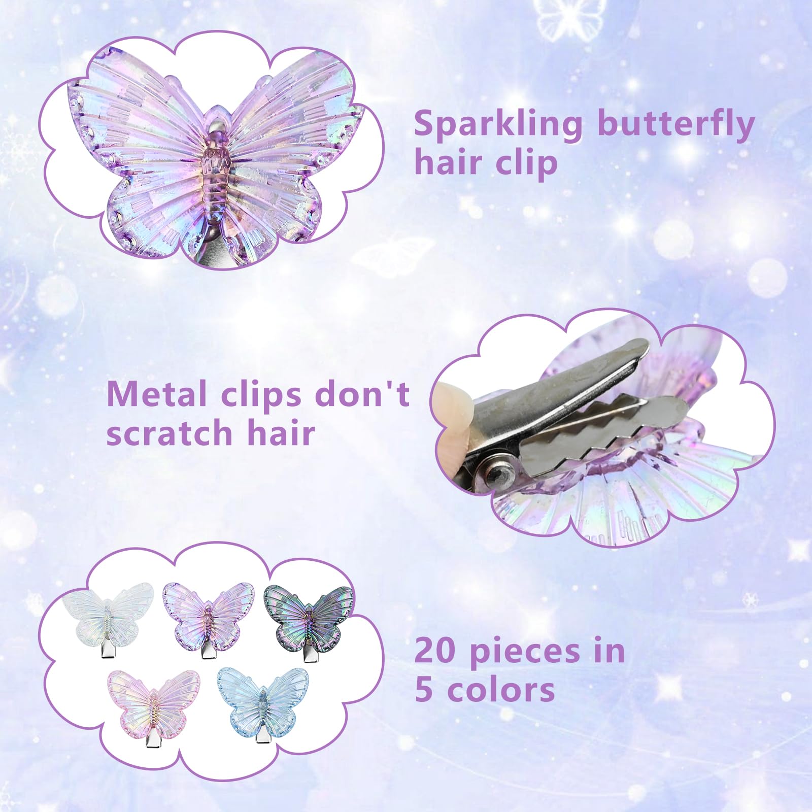 Sibba Lot de 4 pinces à cheveux papillon en alliage à paillettes 3D