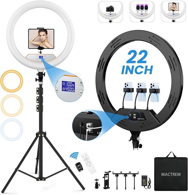 22" Ring Light with 75" Tripod/LED Display/2 USB Ports, 2600K-6500K Dimmable LED Light, Tripod Stand, Remote Controller,for ipad,Camera,Smartphone,TikTok Video Recording, Live Streaming