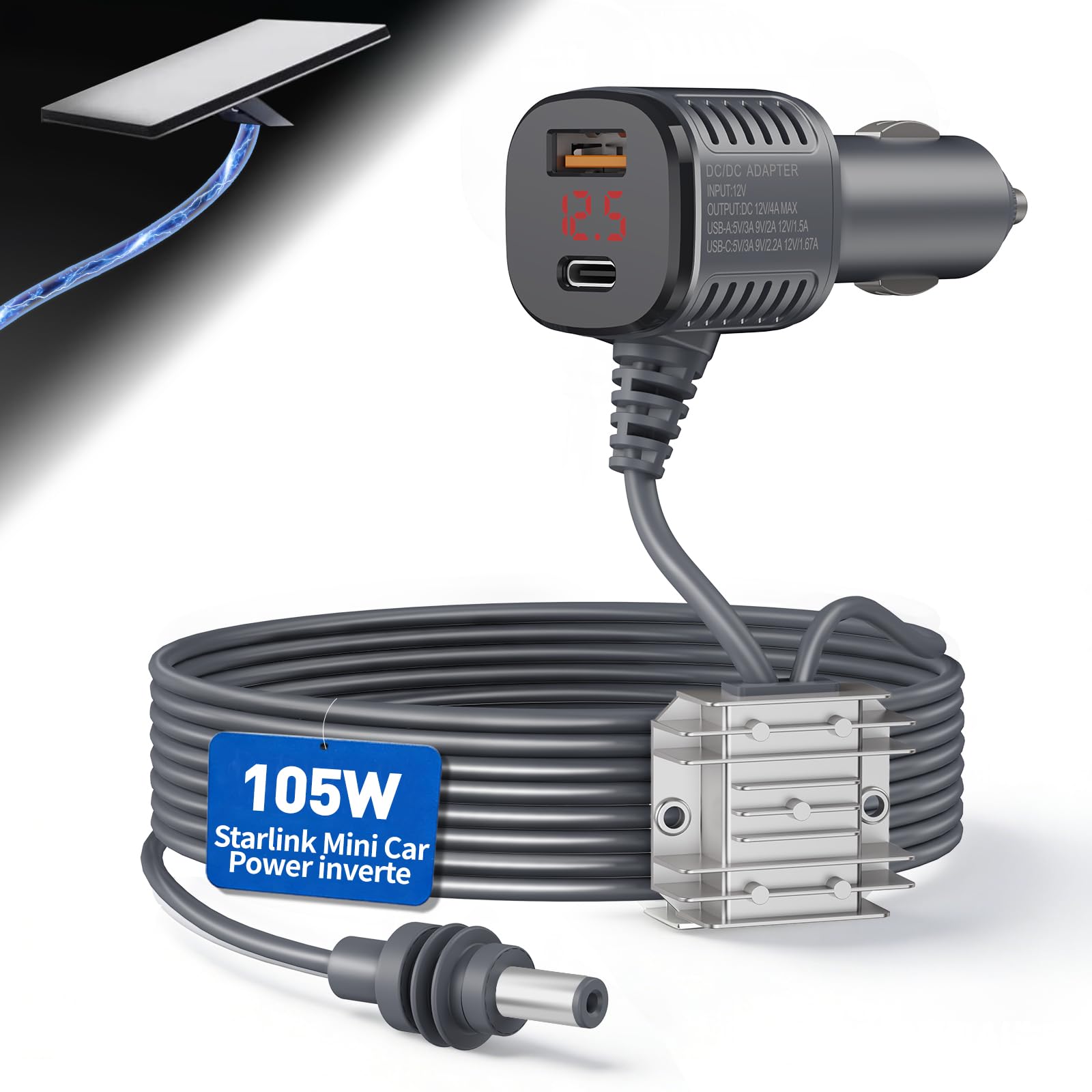 105W Boost Starlink Mini Car Adapter—Stops Reboots &amp; Power Supply Damaged Starlink Mini Cable+Cigarette Lighter Adapter 12V-24V with Digital Display DC Power Cable for Car, Rvs, and Boats (6.5FT)