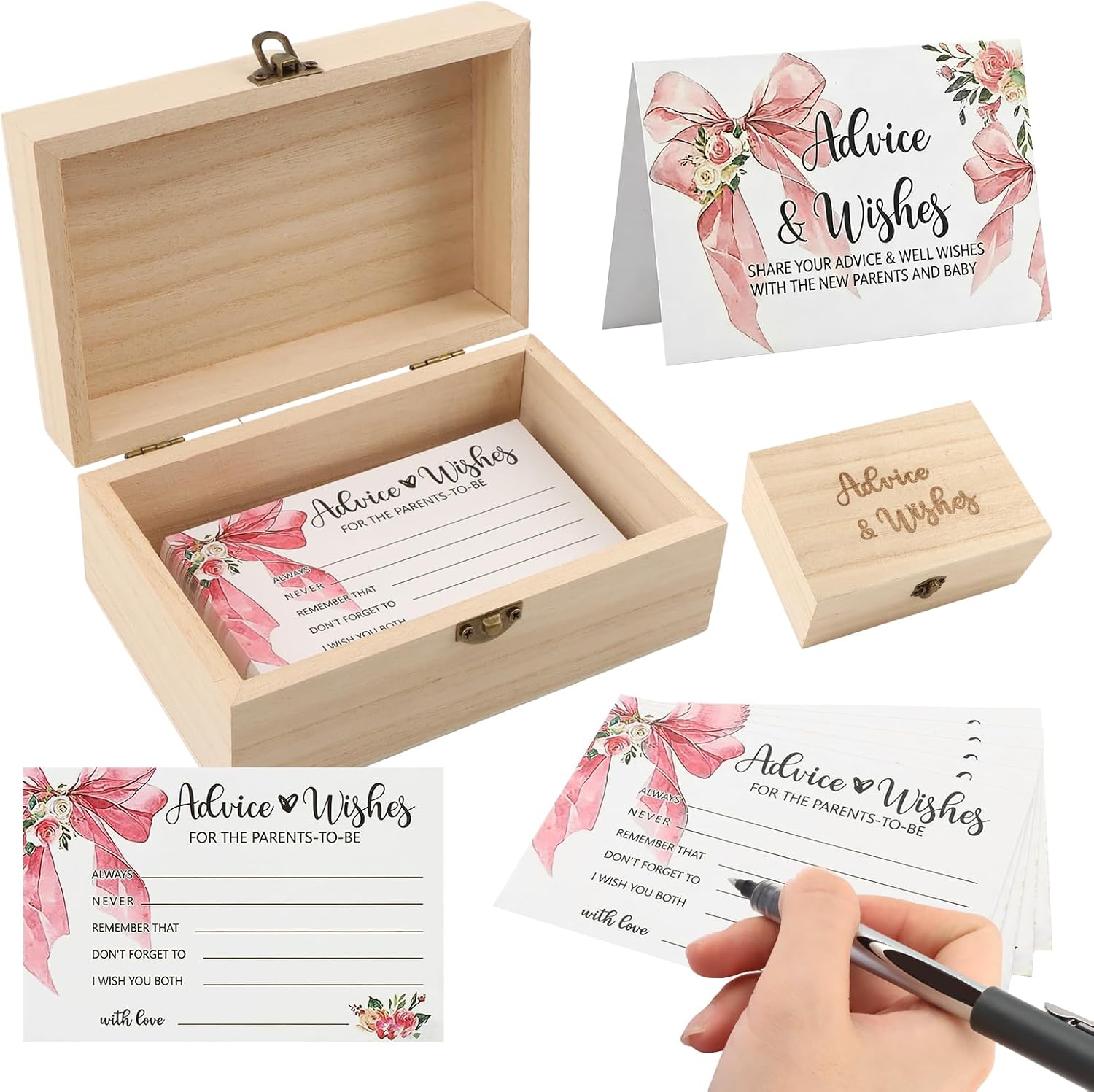 50 PCS Pink Bow Baby Shower Advice Cards, Advice and Wishes Cards with Box and Pen for New Parents Baby Showers, Party Decor Gifts for New Mom Dad