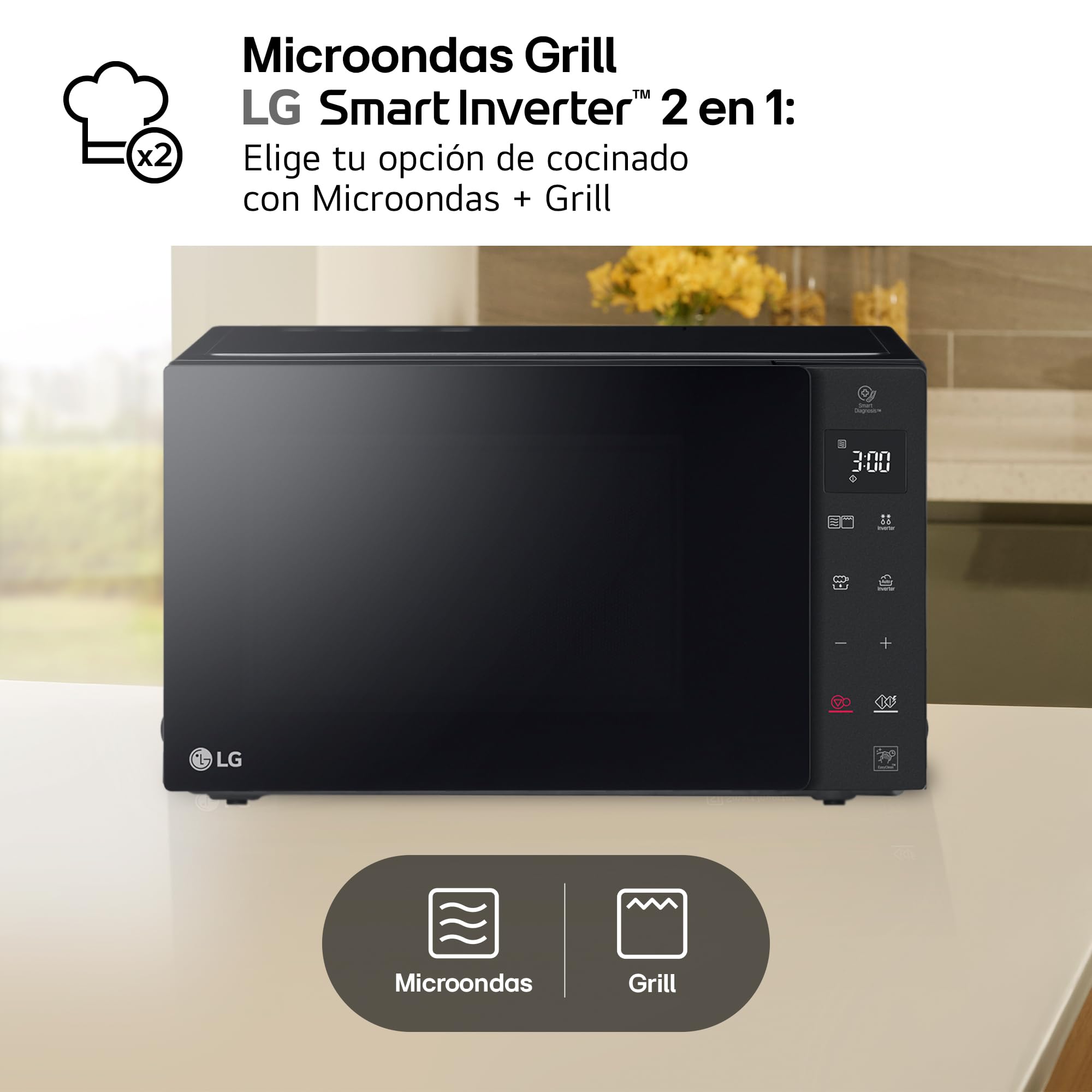 LG MH7235GPS - Microondas con Grill 2 en 1, 32L, Smart Inverter 1200 W, Panel Táctil y Giratorio, Cocina Rápida y Uniforme, Display LED, Easy Clan, Ahorro Energético, Negro