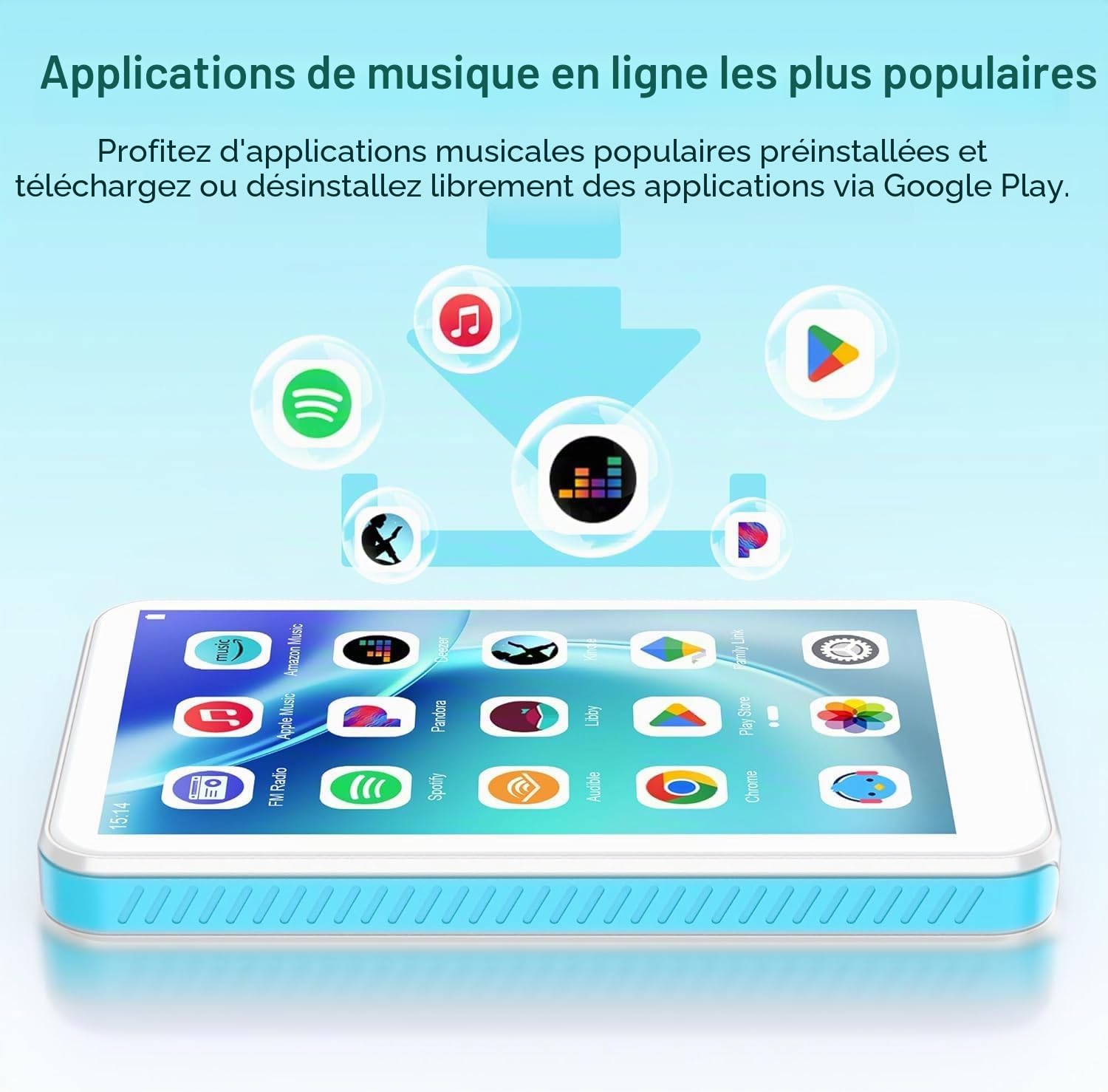 SWOFY D08 Lecteur MP3 Android 13 160 Go Bluetooth WiFi écran tactile 4 pouces compatible Spotify Audible Play Store radio FM extensible 1 To