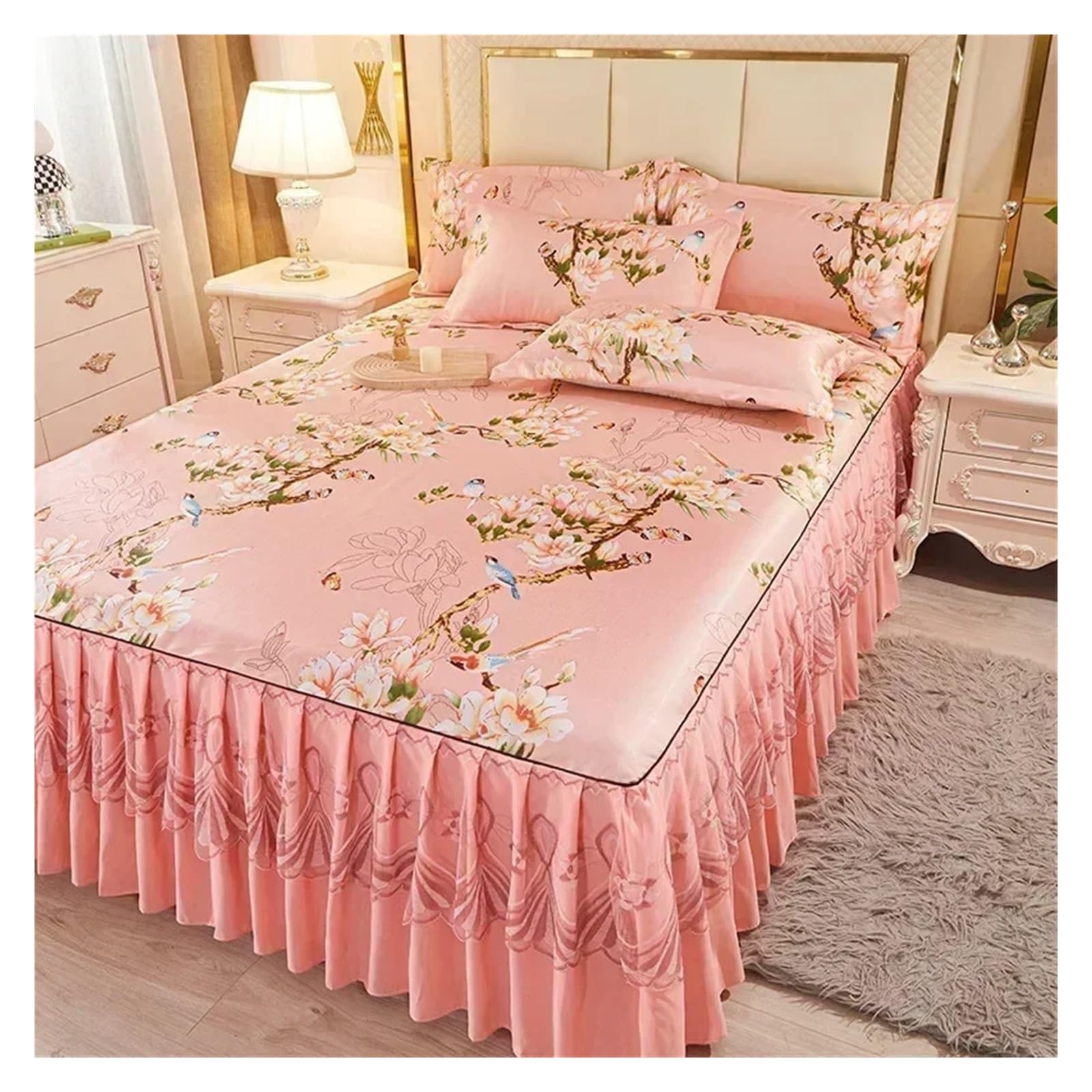 Bedding Set Folding Embroidered Sheets Bedding Bed Skirt King Queen Size Bed Sheet Set with Pillowcases(Color 15,3 pcs 180x220cm)