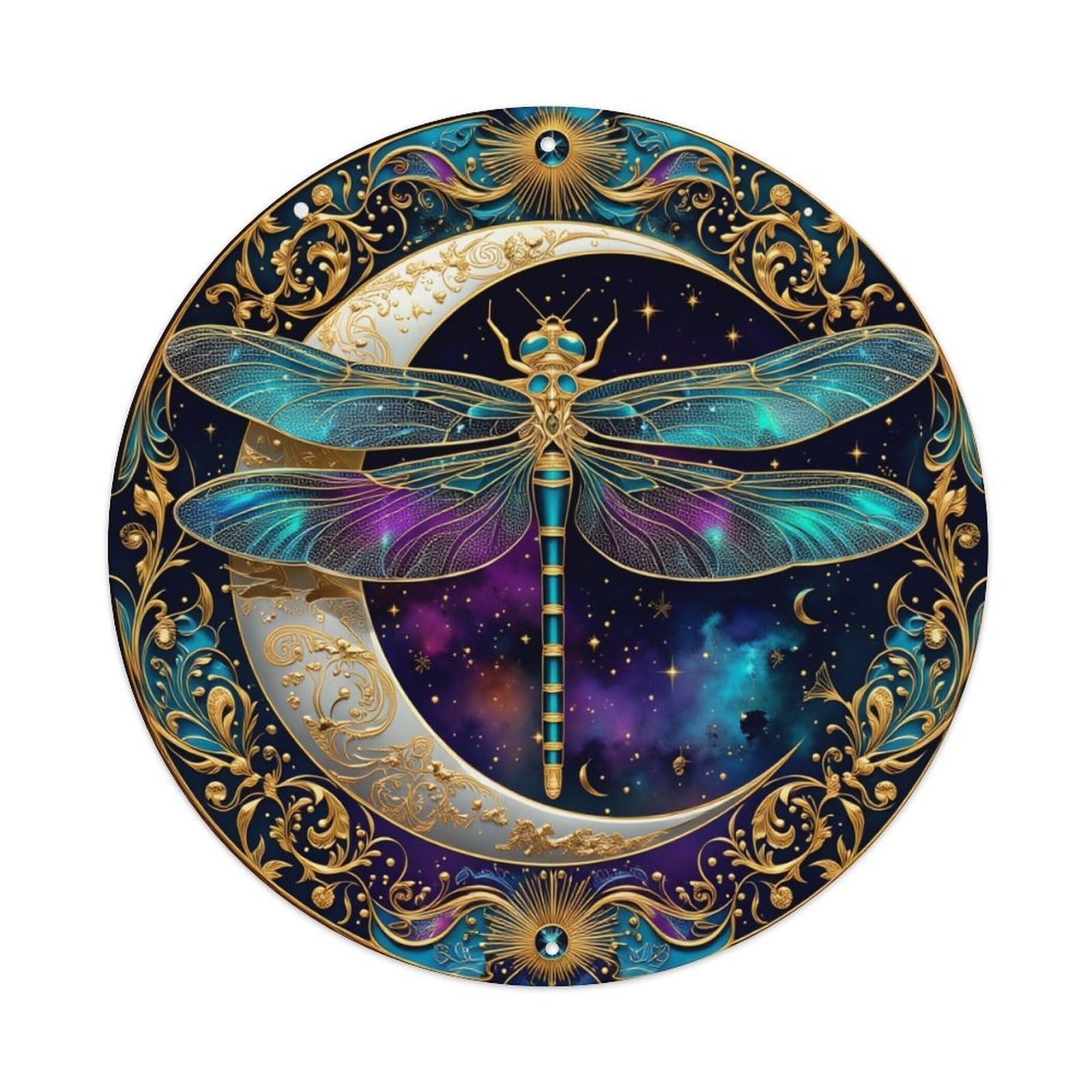 Dragonfly Moon Cosmic Ornament Pattern Round Tin Sign Vintage Metal Poster, Home Bar Garage Man Cave Cafe Indoor & Outdoor Wall Decoration 8x8Inches