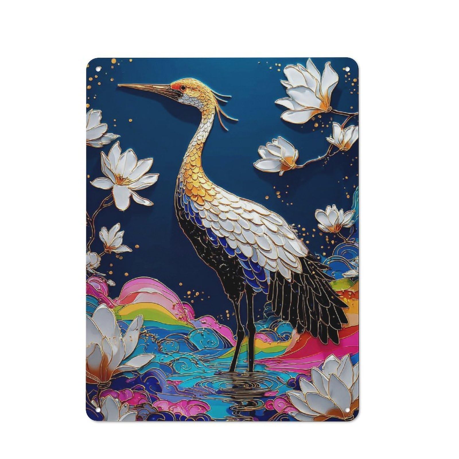 Junmoney Golden Crane With Lotus Flowers Retro Tin Sign 40X30cm For Garage Or Workshop, For Furnishing A New Garage And Workshop With Retro Decor