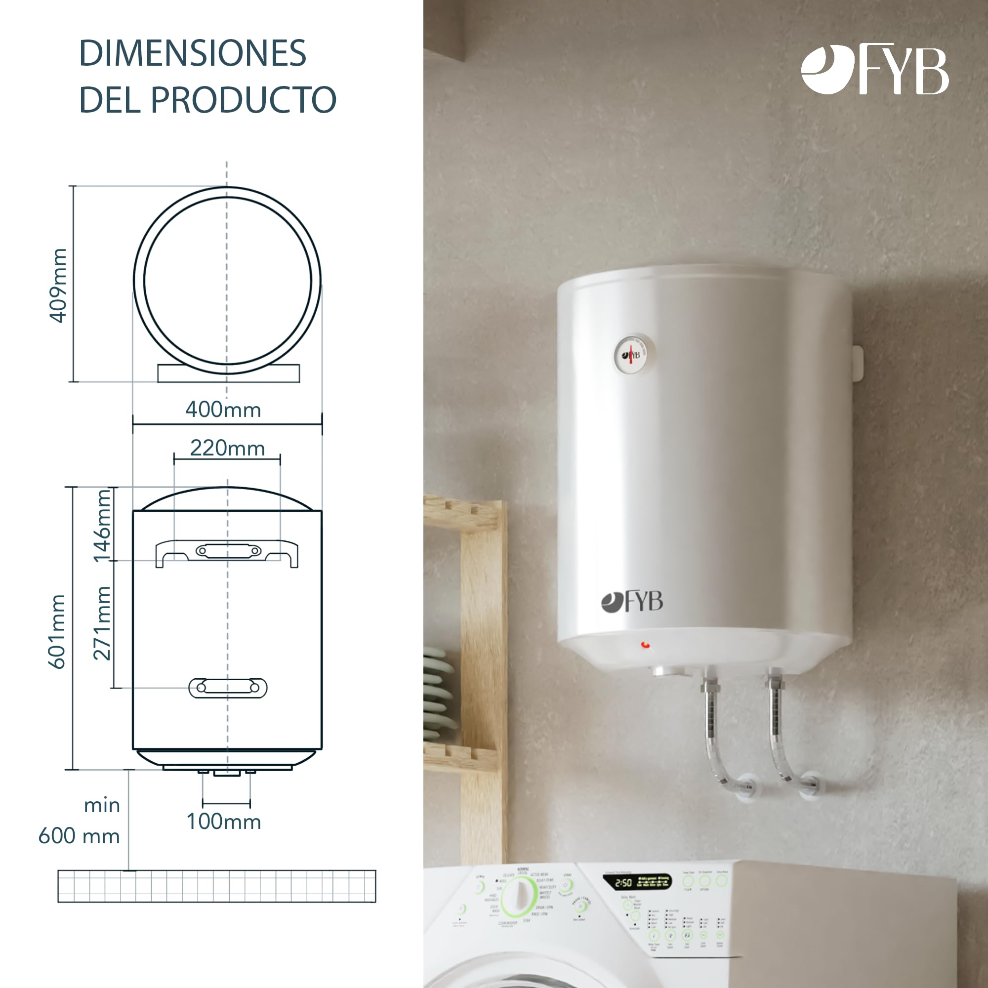 Termo Eléctrico Vertical 50 L Blanco, Clase Energética C, Bajo Consumo, Cuba Vitrificada, Ánodo de Magnesio, Regulador de Temperatura y Protección de Seguridad para uso diario