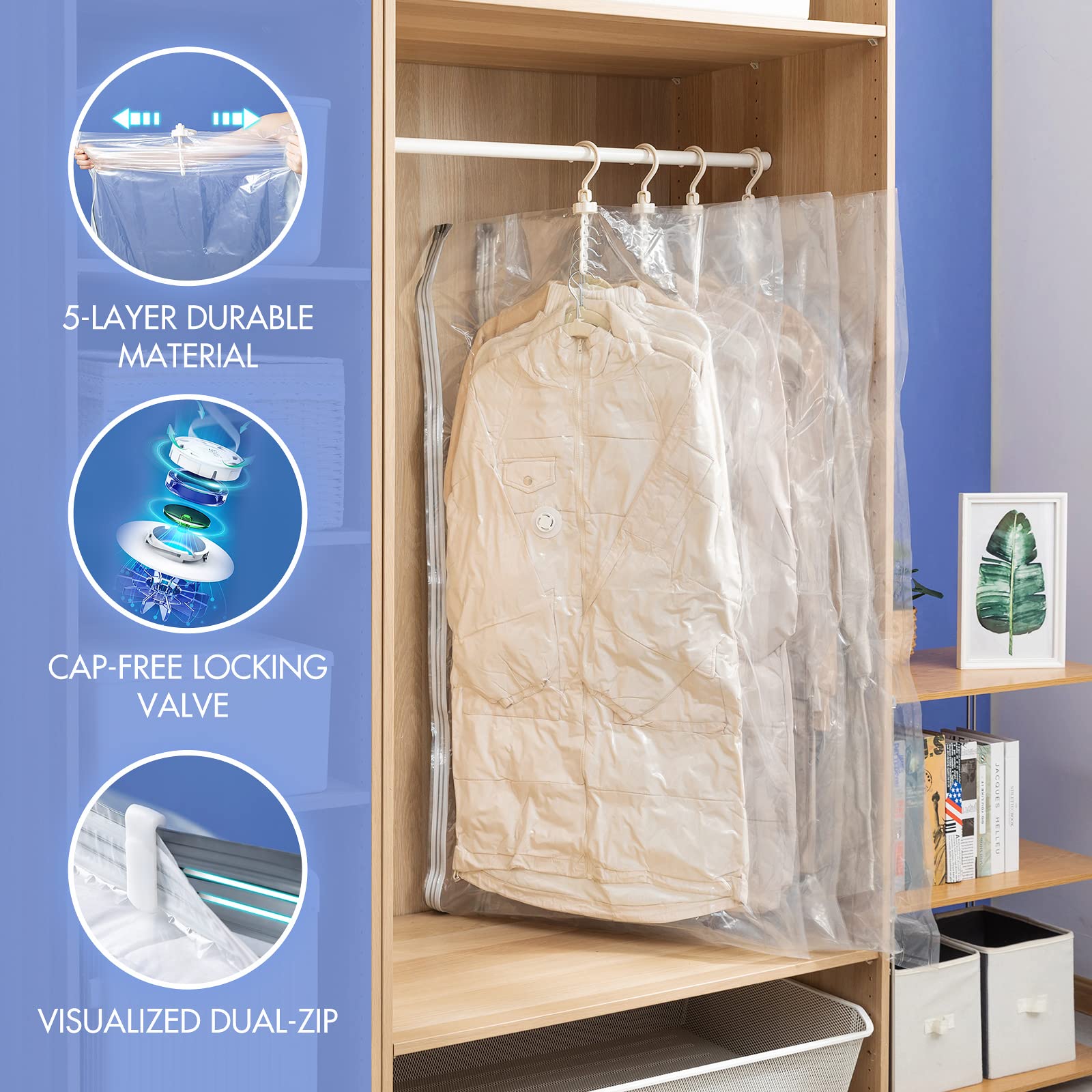Sacchetti sottovuoto da appendere per vestiti, confezione da 4 sacchetti lunghi per sottovuoto, risparmiano l'80% di spazio per cappotti invernali, giacche, abiti, traslochi, organizer per