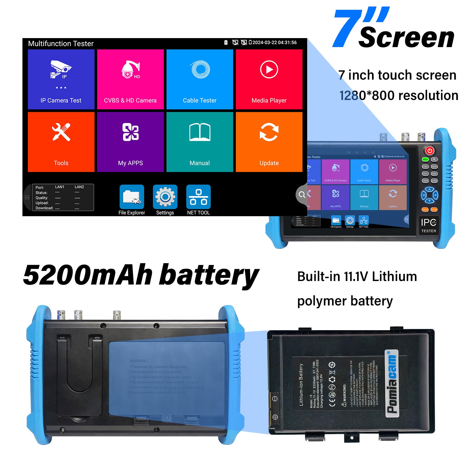 Tester CCTV 8K H.265 IP Camera Tester Monitor per telecamera TVI/CVI/AHD/SDI/CVBS da 8 MP con schermo da 7 pollici, con POE++ Max. 90 W, porta Gigabit SFP, ingresso/uscita HDMI, ingresso VGA