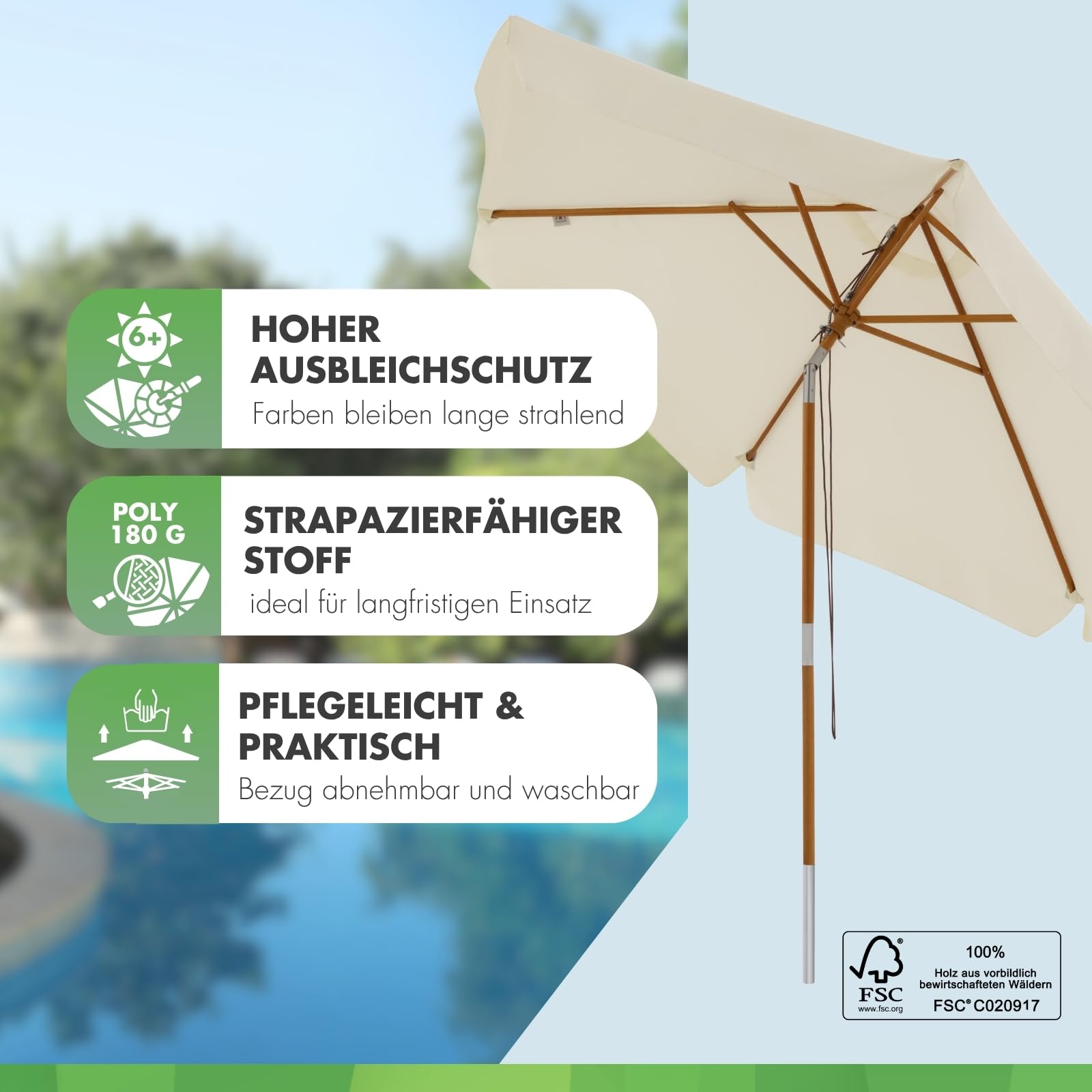 Doppler Deluxe 300cm Sonnenschirm, Hellbeige, Echtholzschirm, UV Schutz 50+ | Runder Gartenschirm, Schirmdach aus Polyester mit Volant, gefertigt aus FSC-zertifiziertem Holz, neigbar & höhenverstellbar
