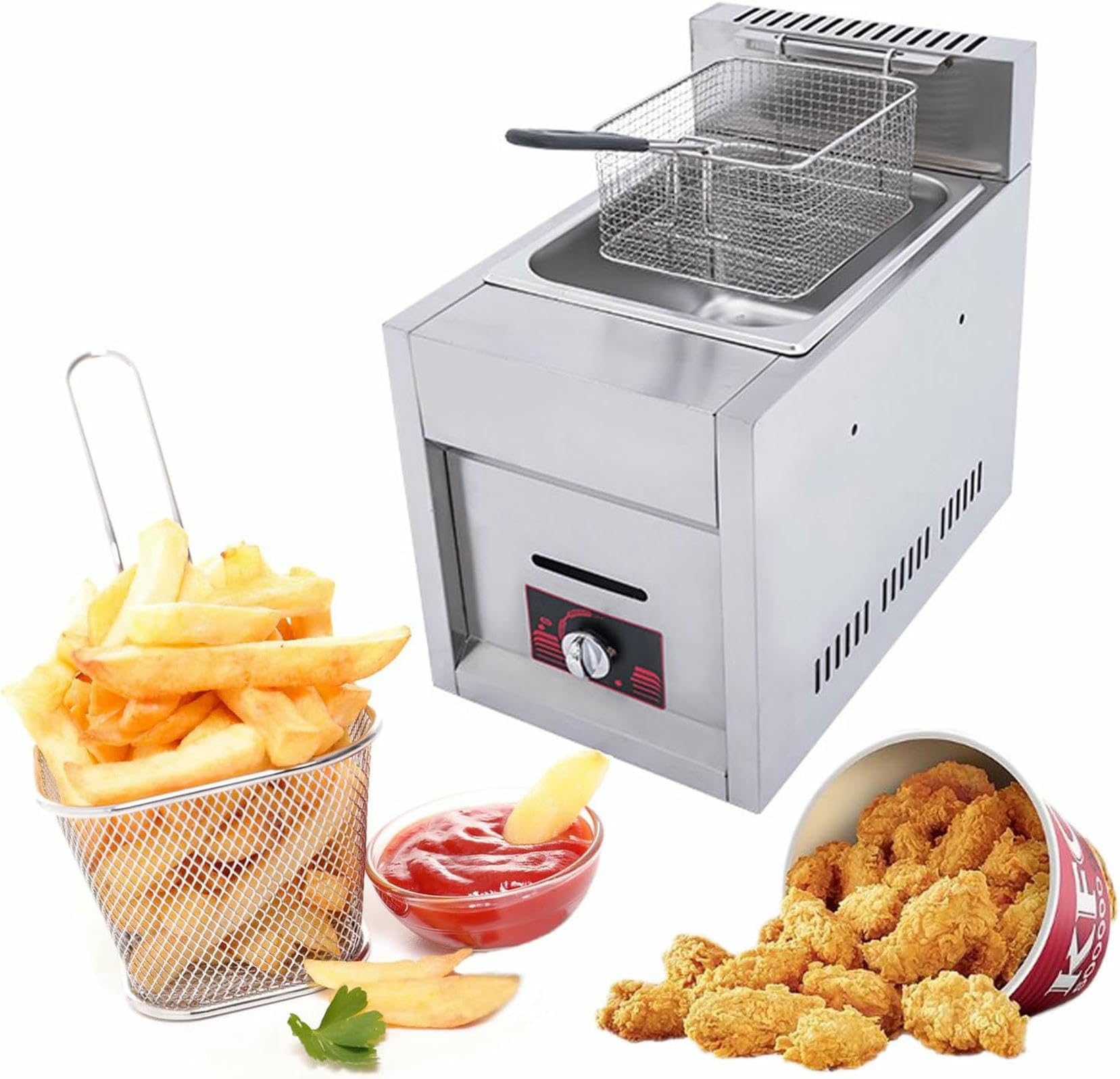 Friteuse à gaz en acier inoxydable avec canal pour condiments pour frites maison