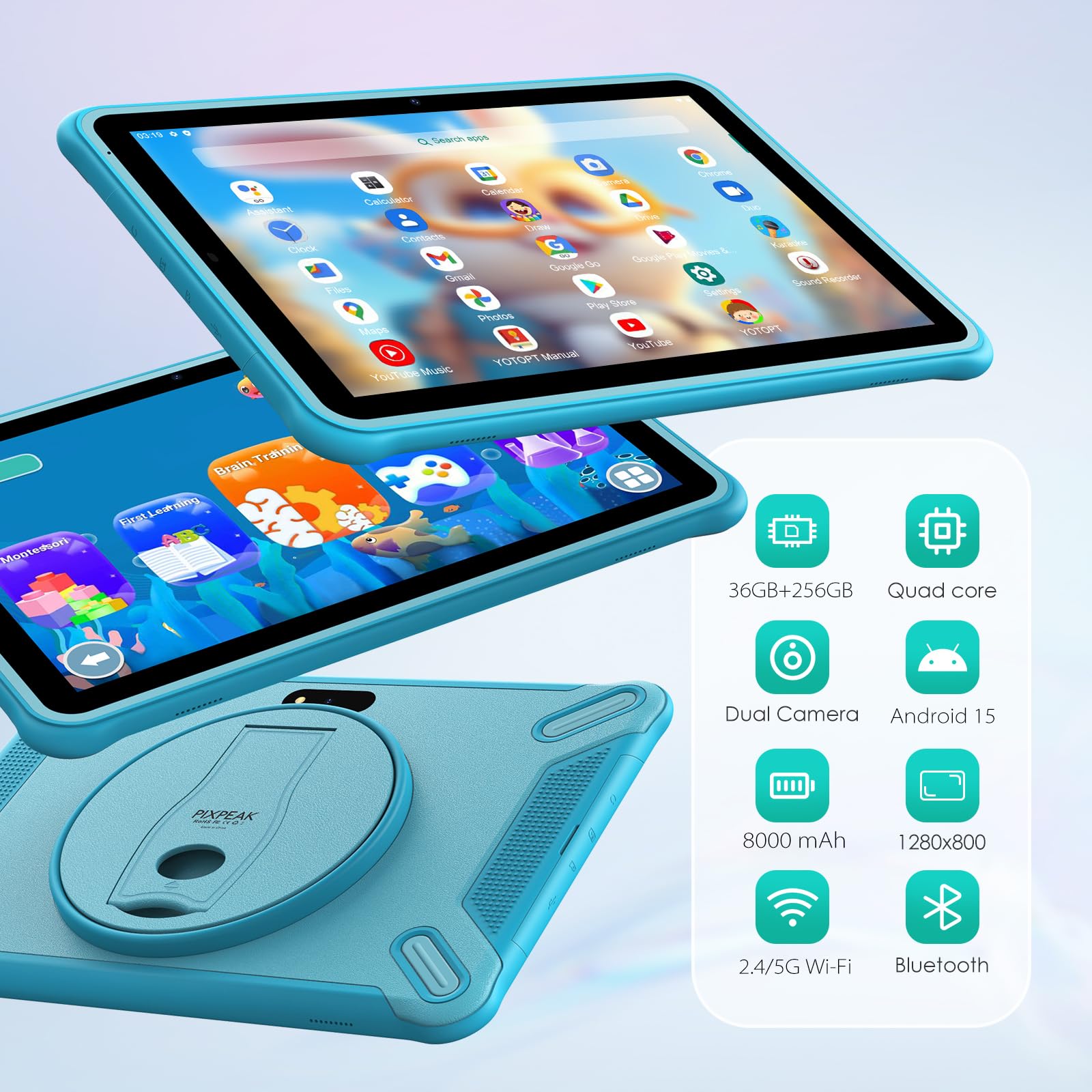 Tablet para niños 10 Pulgadas, 36GB RAM 256GB ROM (SD expandible), Android 15.0, Control Parental, Pantalla HD IPS, 5MP+2MP, WiFi, Bluetooth, Tablet educativa(Azul)
