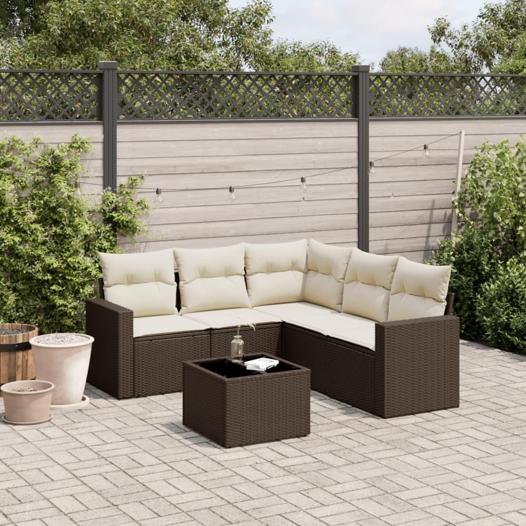 Ensemble de canapé de jardin 6 pièces en polyrotin marron avec coussins, résistant aux intempéries, canapé modulaire pour terrasse, balcon, véranda, extérieur, se détendre avec espace de