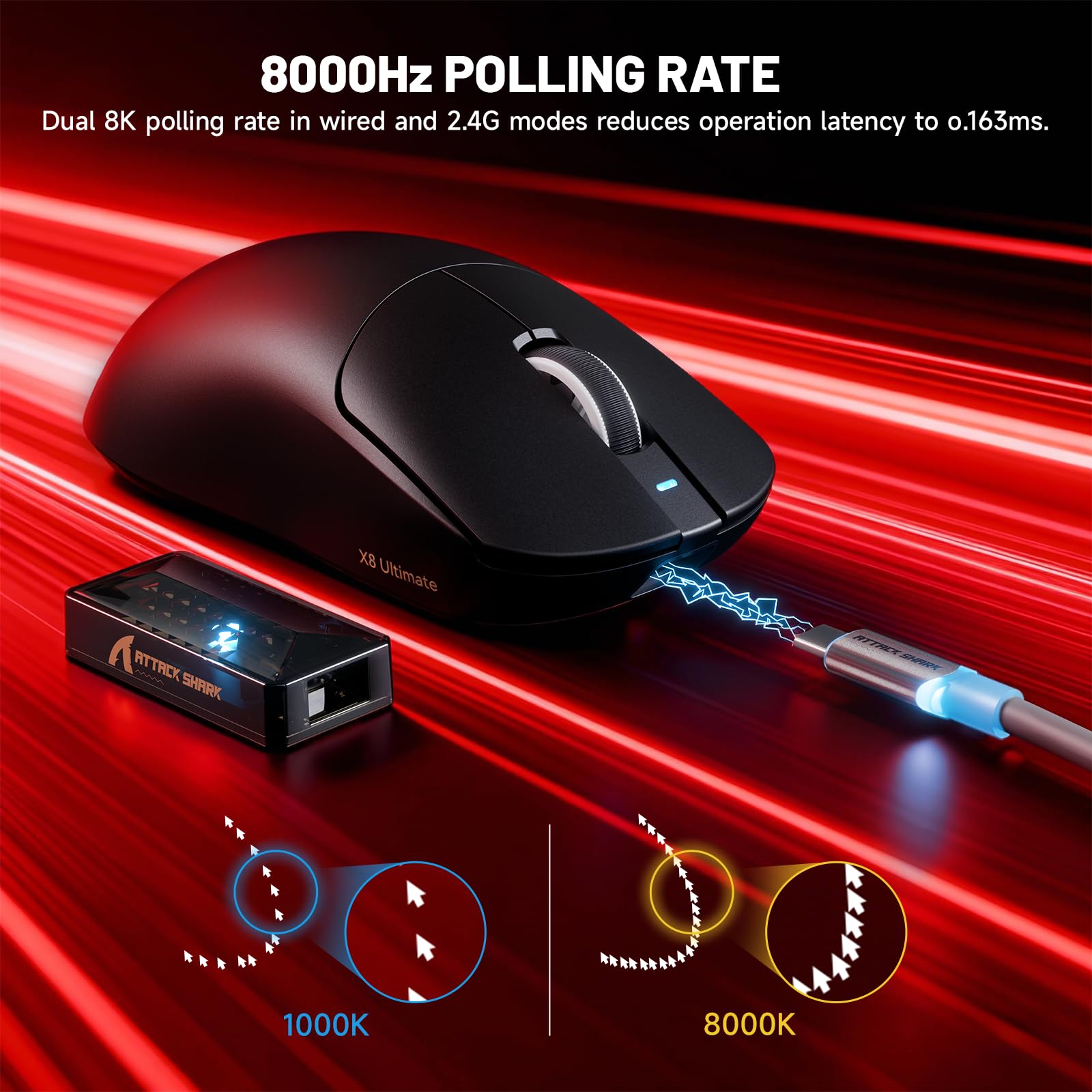 ATTACK SHARK X8 Serie Ratón Gaming Inalámbrico, 55–65 g Ultraligero, Sensor PixArt PAW3395/3950, Bluetooth/2.4G & USB, hasta 42.000 dpi, Cable LED C06 Ultra (Negro, X8 Ultimate)