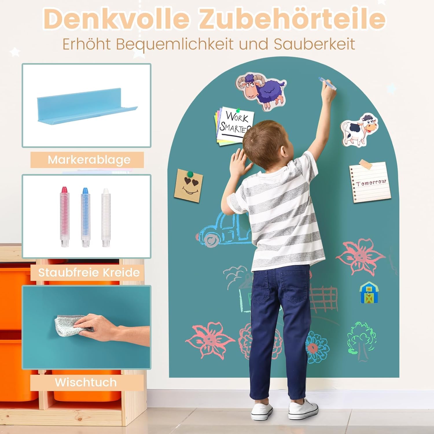 Magnettafel Kinder Selbstklebend, Magnetwand Groß 80x100cm, Magnetische Kreidetafel in Bogenform, Wandaufkleber mit 3 Staubfreie Kreide, 1 Reinigungstuch – Geschenk (Türkis)