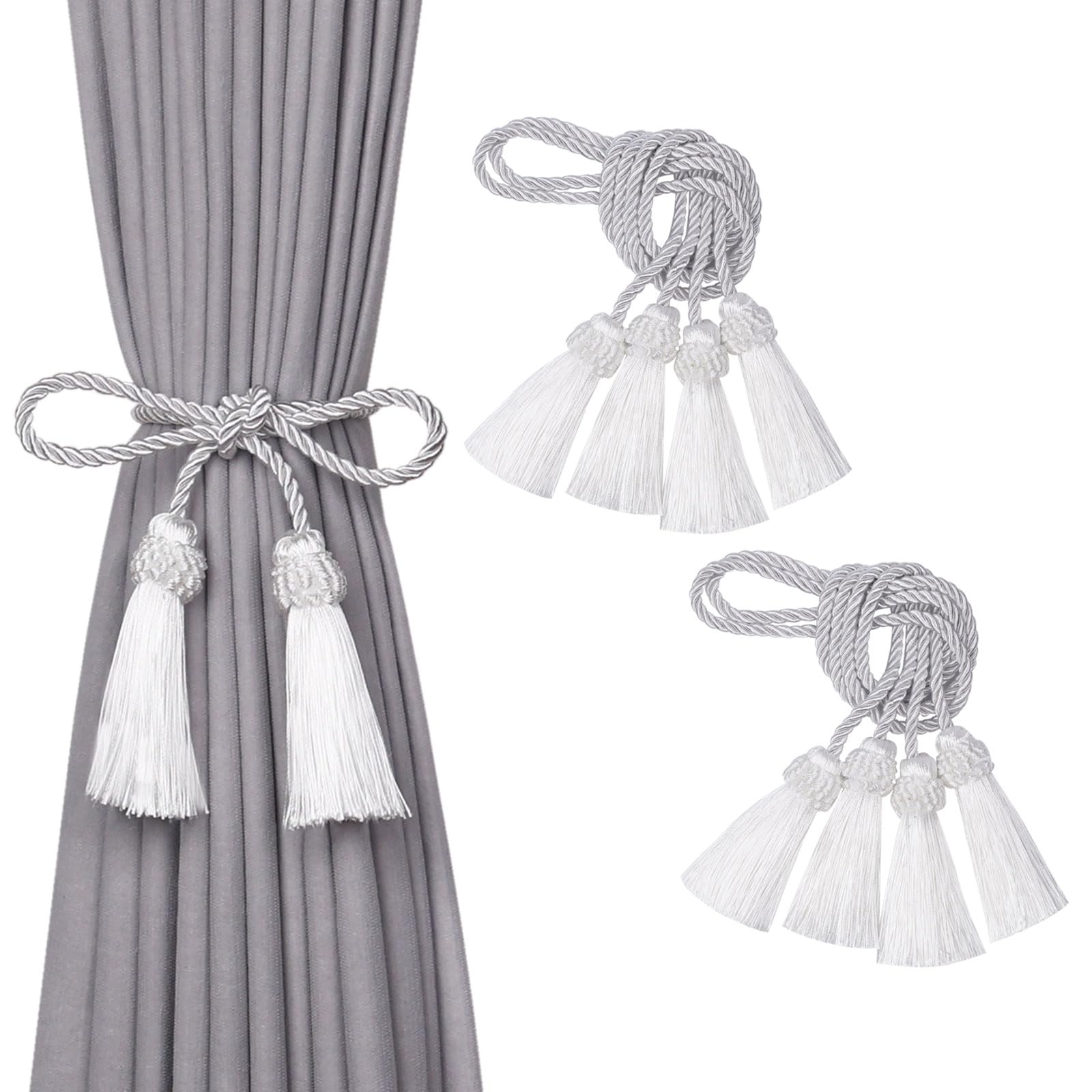 Pretty Jolly 4 Pack Double-Ended Tassel Curtain Tiebacks European Style Decorative Drape Tie Backs Elegant Handmade Braided Rope Knot Curtain Holdbacks for Home & Office Window Drapery (White)