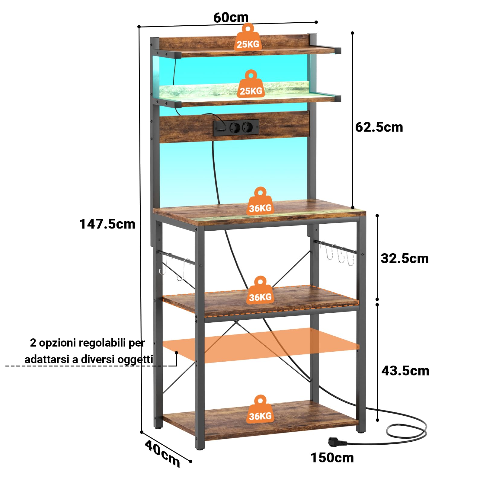 iSunirm Scaffale Cucina con Multipresa,Supporto per Forno a Microonde con Striscia Luminosa a LED,Portaoggetti a 5 Ripiani con 6 Ganci per Bar,40 x 60 x 147 cm,Marrone