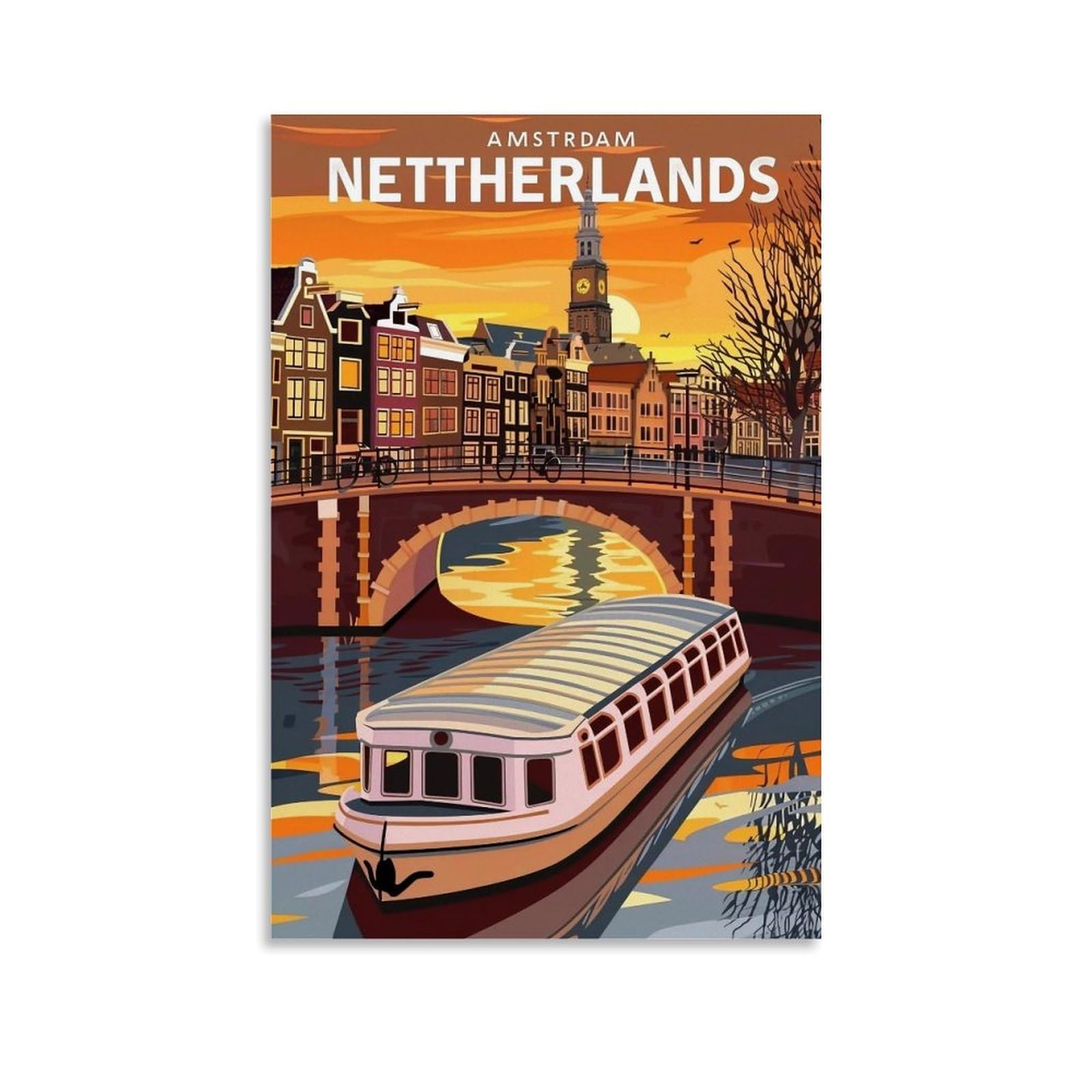 WHOUHJYE Amsterdam Canal Sunset 02 Poster Wall Art Canvas Vintage Aesthetic Painting Decor for Rooms 20x30inch Unframe-style
