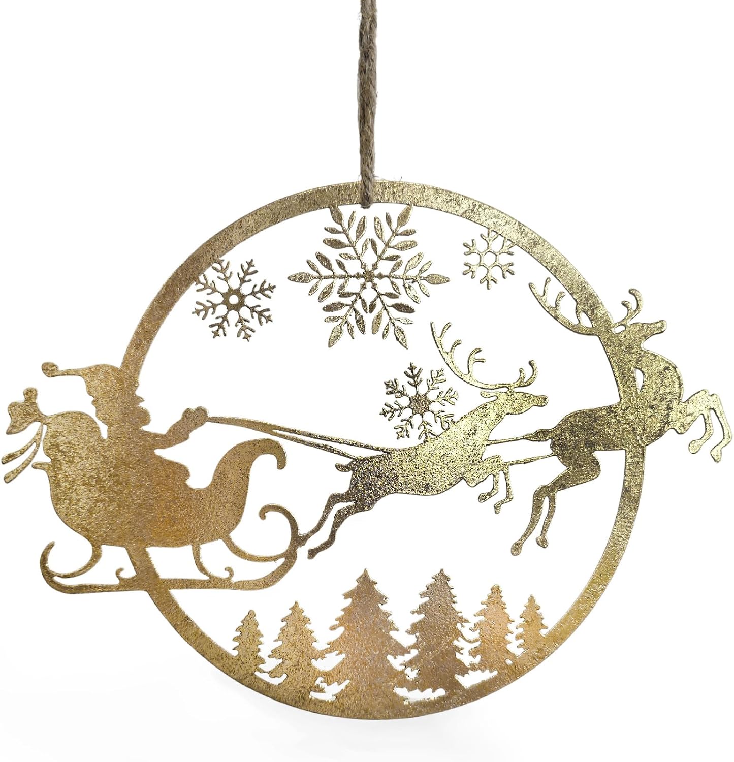 Christmas Pendant Gold 18 cm - Flat Hanging Decoration with Reindeer Sleigh Shiny Door Sign or Window Picture - Logbuch-Verlag