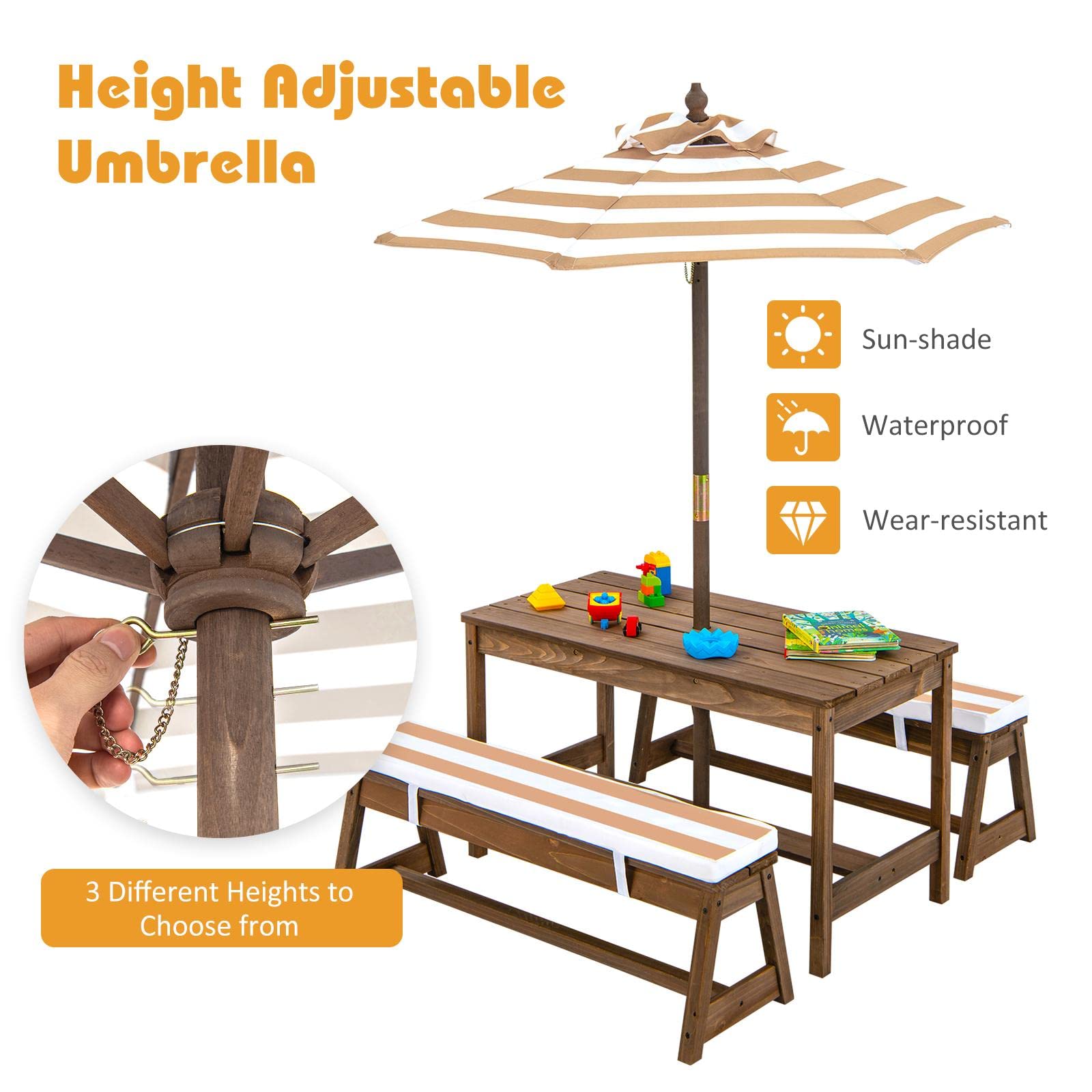 KOMFOTTEU Kindersitzgruppe mit 2 Bänke und verstellbarem Schirm, Kinder Gartenmöbelset aus Tannenholz, Braun