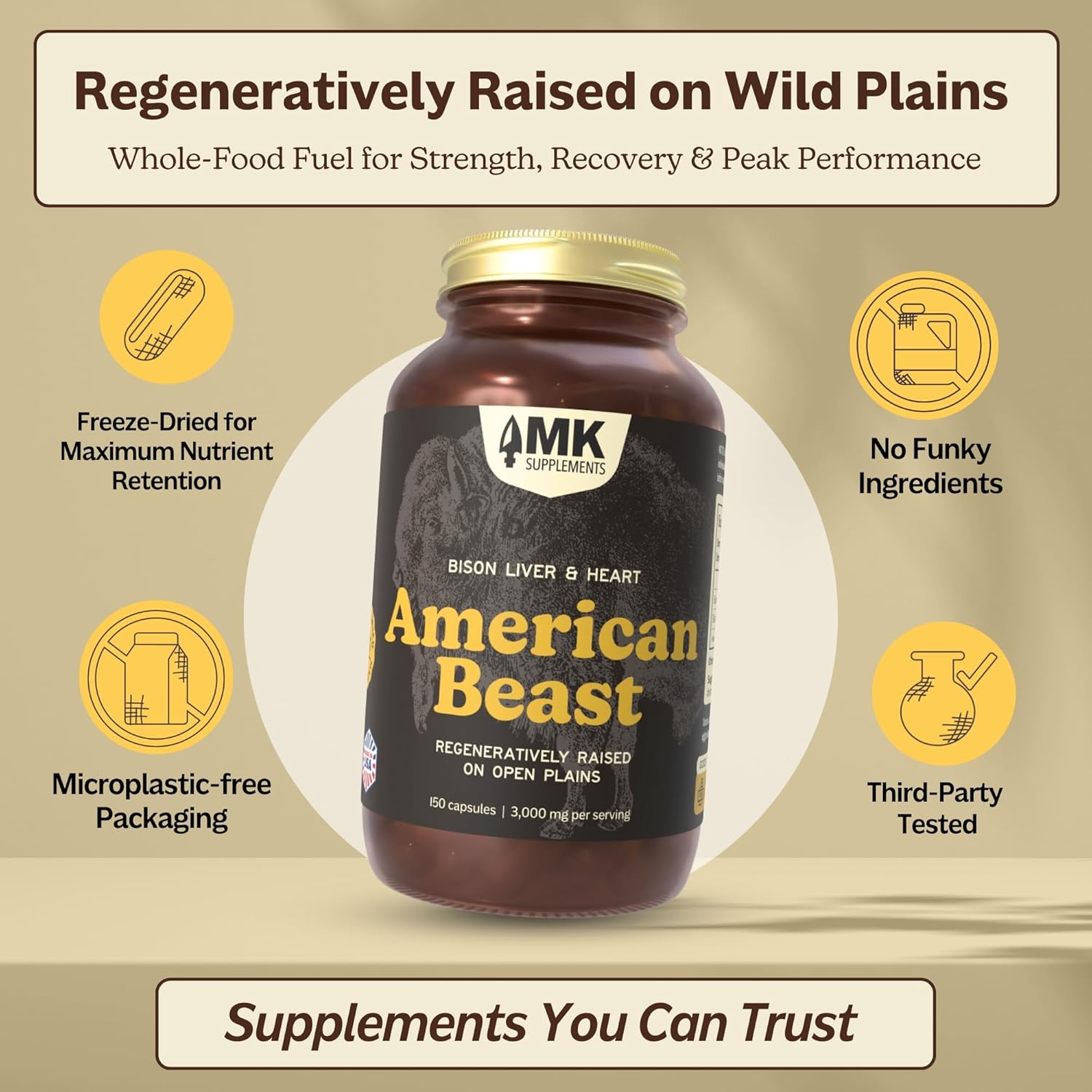 MK Supplements American Beast, Bison Organ Supplement for Athletes, Supports Strength, Endurance & Recovery, Freeze-Dried, Non-GMO, Bison Liver & Bison Heart, 30 Servings (3,000 mg Each) - Image 3