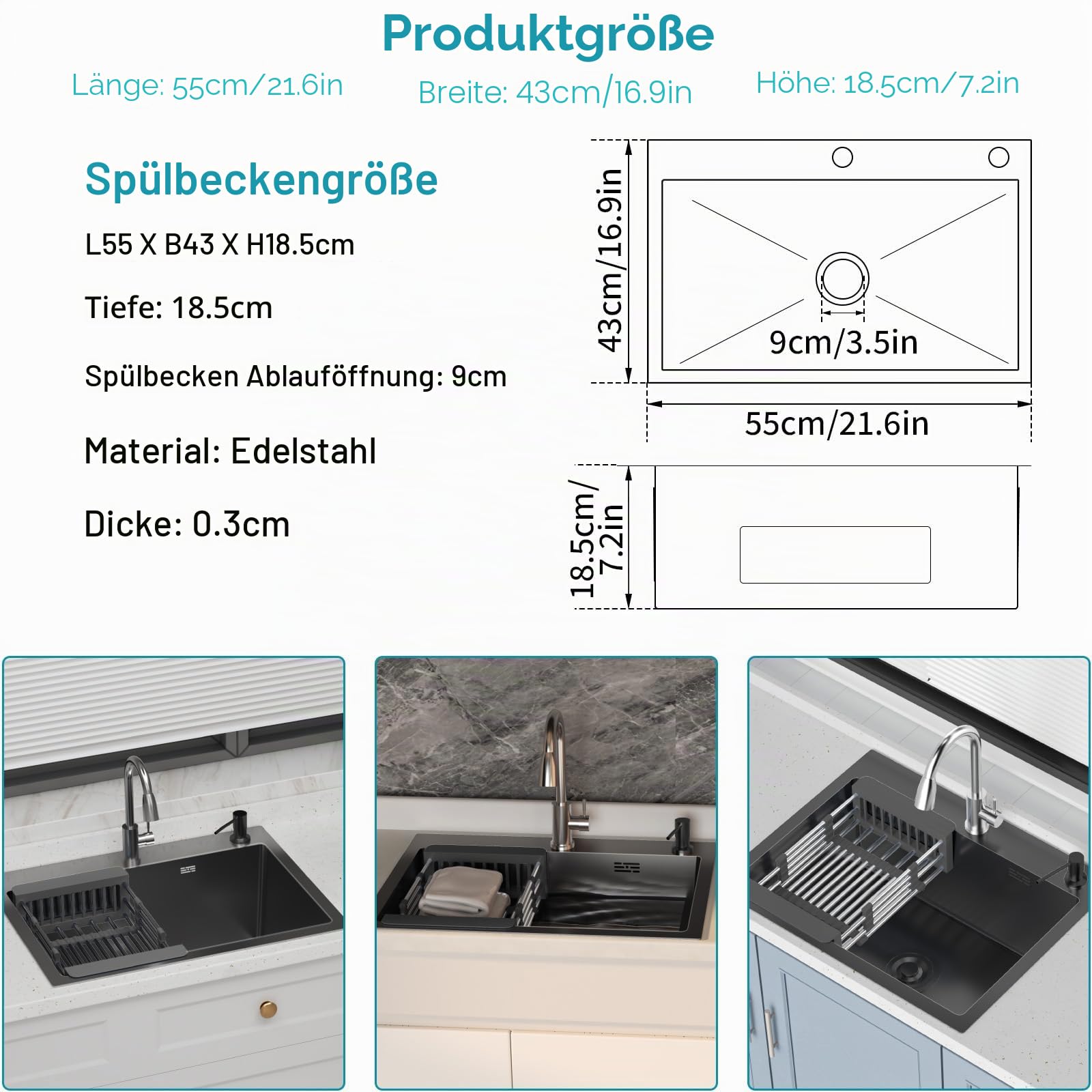 Spülbecken 1 Becken 55 x 43 cm, Küchenspüle aus Edelstahl, mit Ablauffilter und Ablaufkorb, Aufsatzspüle mit 3 Löchern für Wasserhähne