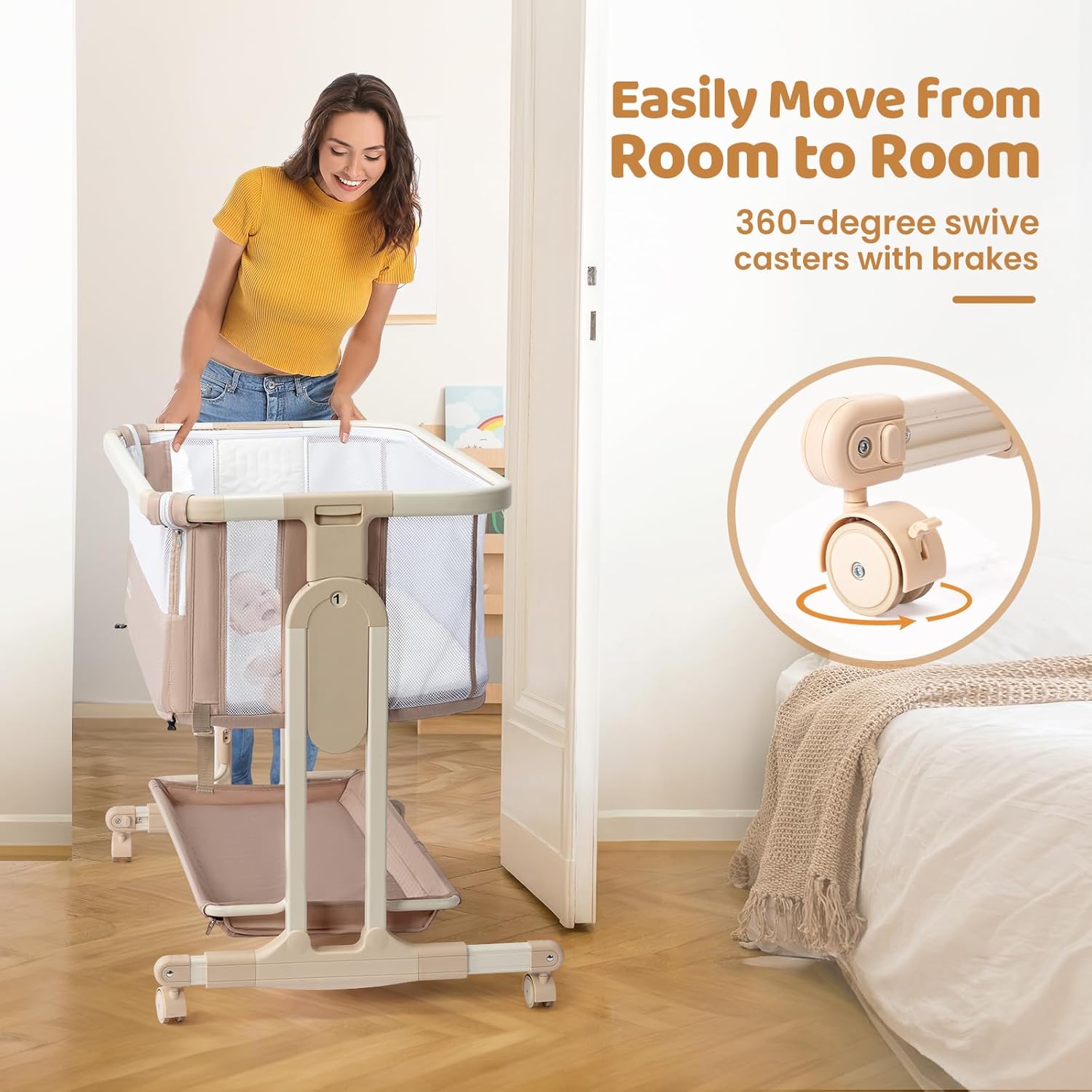 Diagram illustrating the 7 height adjustment levels of the bassinet and corresponding parent bed heights.