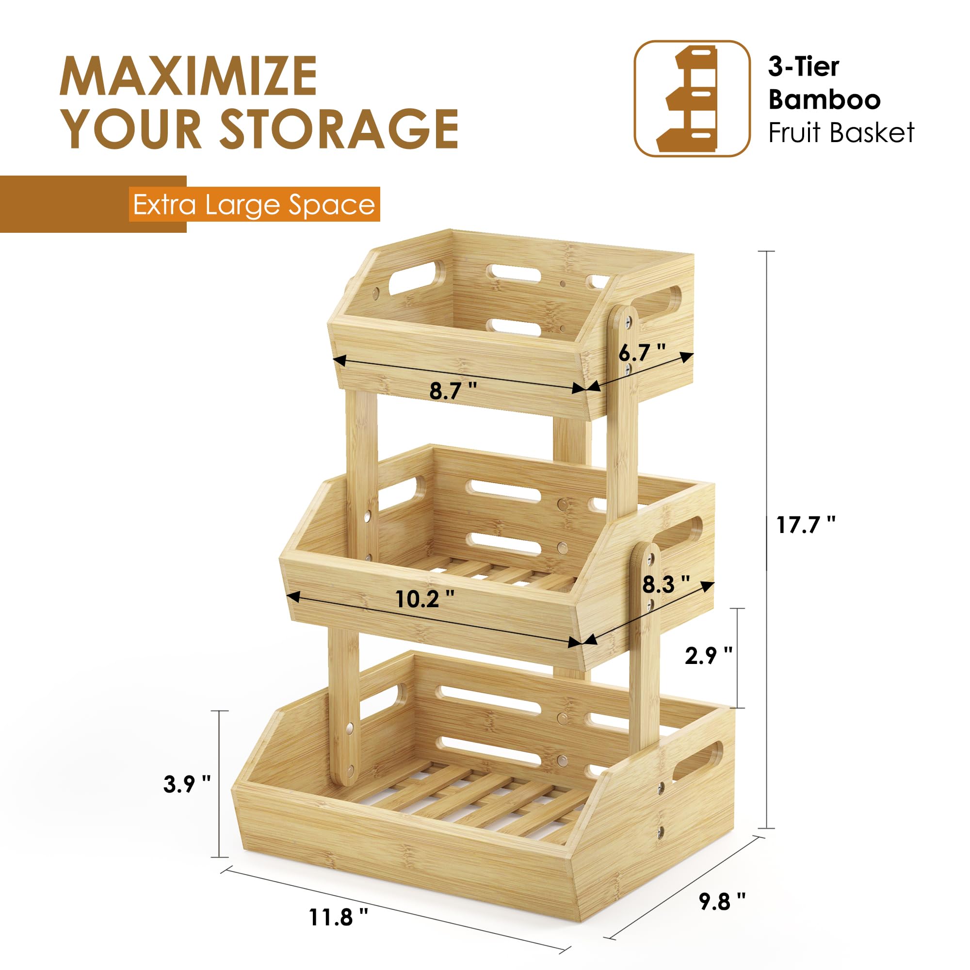 JANSNIMEN 3 Tier Bamboo Fruit Basket, Fruit Basket for Kitchen Counter Fruit Bowl Fruit and Vegetable Storage, Fruit Bowl for Onion Potato Bread Snack Organizer and Kitchen Decor