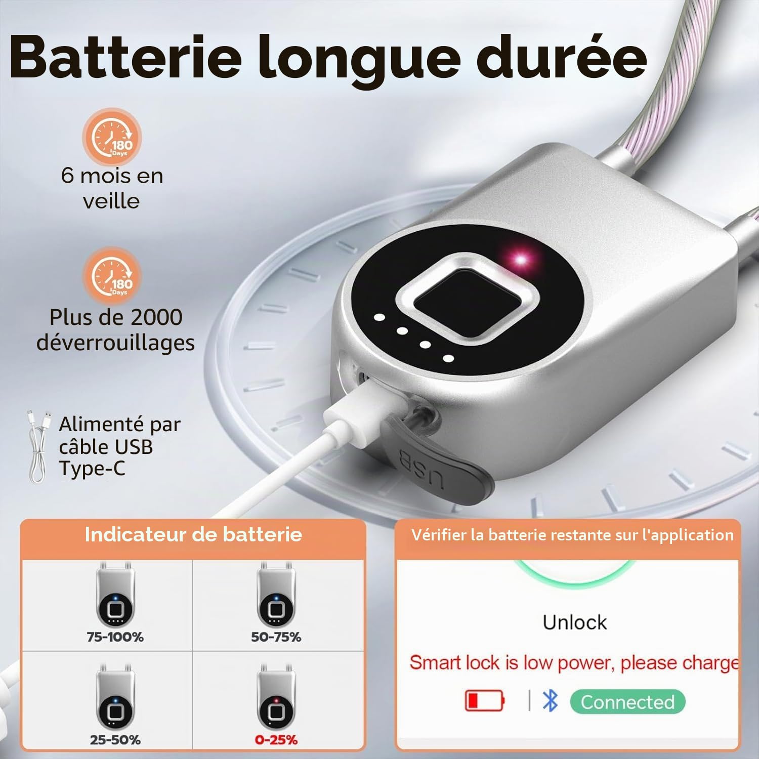 eLinksmart Cadenas à cordon, antivol d'empreintes digitales, cadenas pour application de téléphone portable, cadenas à bagages, serrure de meubles, casier, étanche