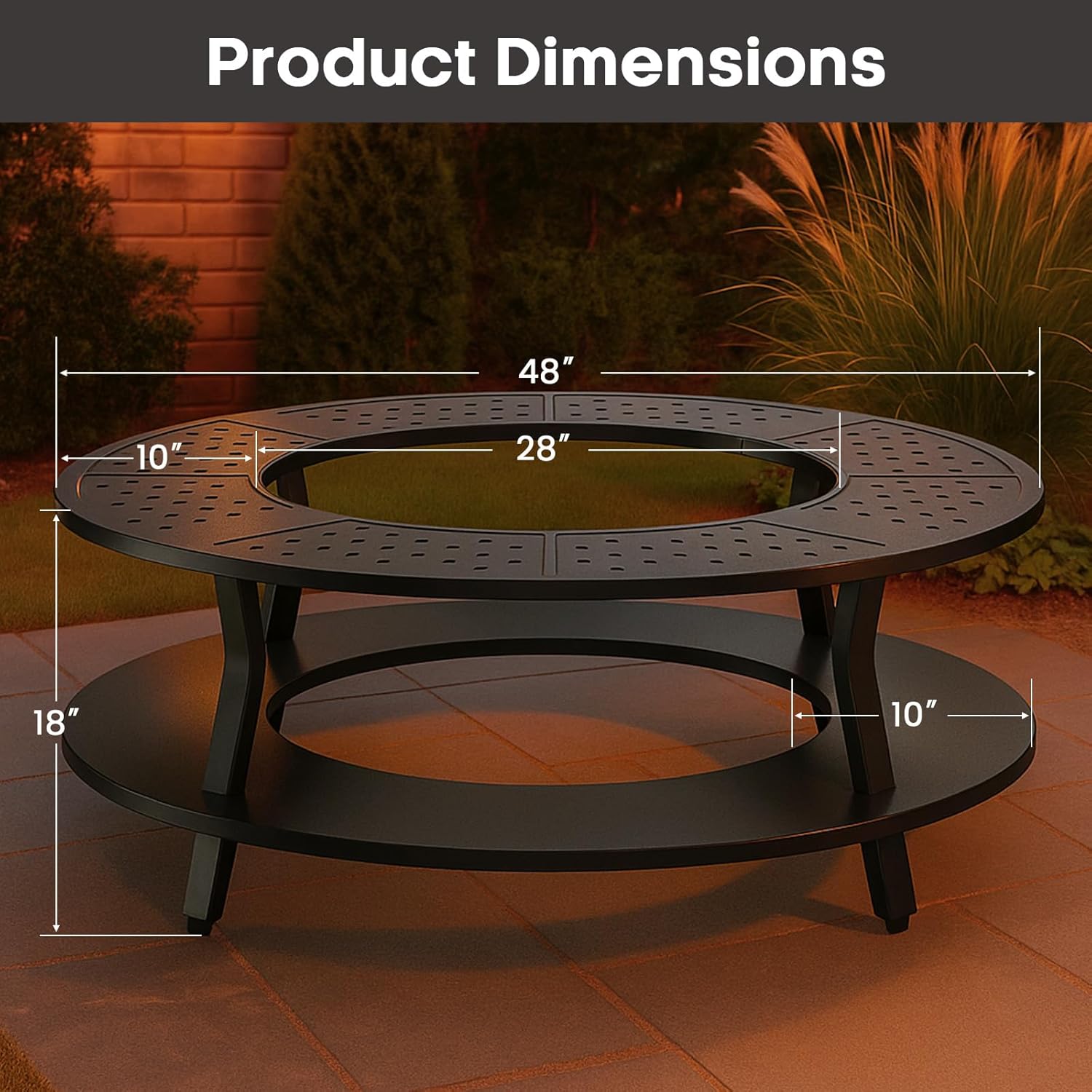 uniflasy 48" fire pit surround tabletop for solo stove yukon, bonfire & tiki, portable protective barrier equal width design with firewood storage shelf for safety & extra space, outdoor firepit table 48"×48"×18" table only