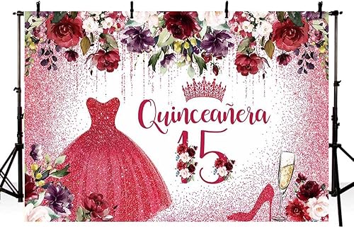 Miniatura 3 de Telón de fondo de feliz cumpleaños número 15 de 10 x 7 pies para niña, quinceañera, flores rojas burdeos, fondo de fotografía, corona roja,