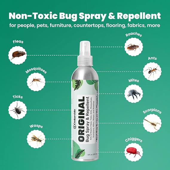 Cedarcide Original Bug Spray | Repel & Kill Fleas, Ticks, Mosquitoes, Mites, Ants & Chiggers | For use on People, Pets & Home | Natural Cedar Oil | Eco-Friendly | 8 Oz