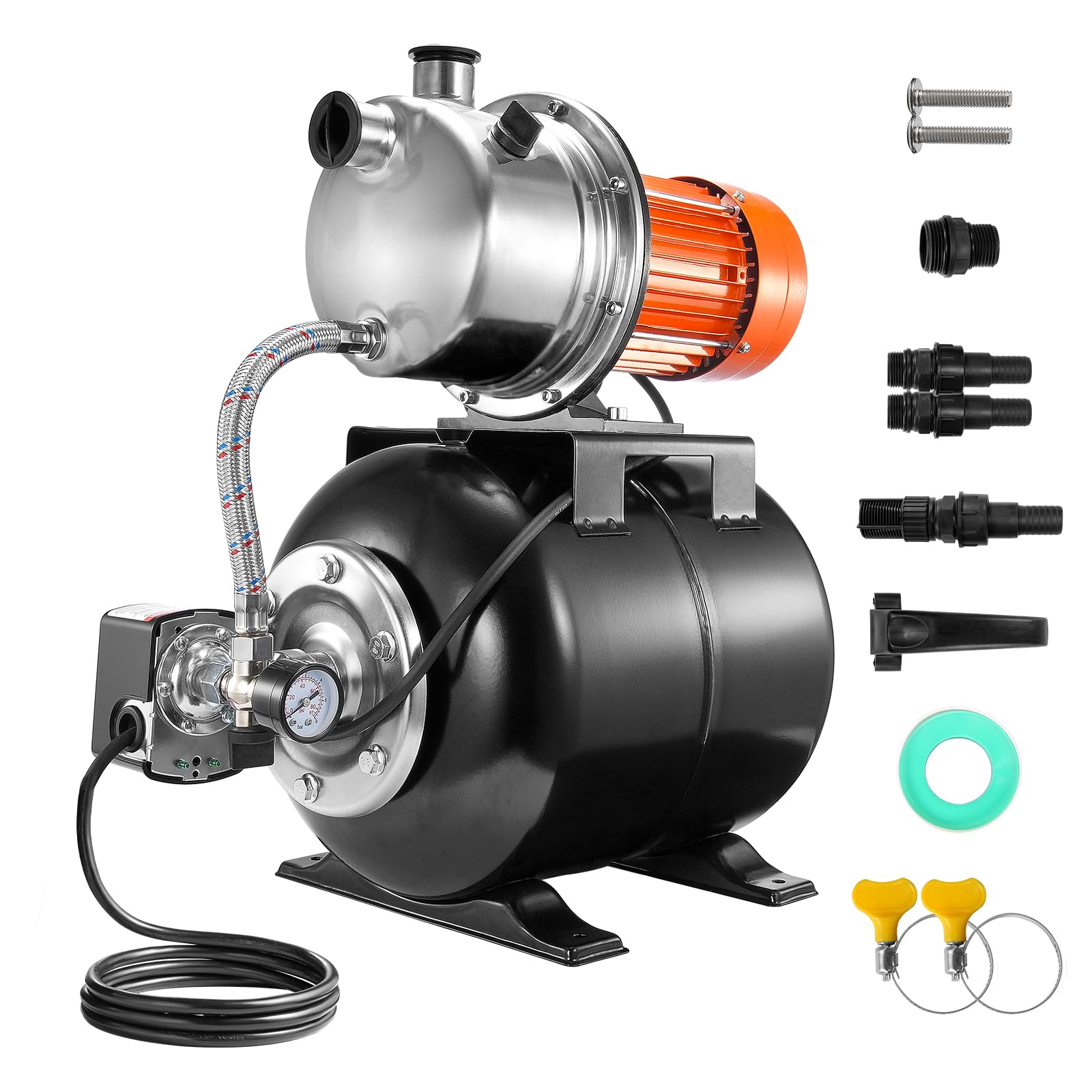 VEVOR Bomba para Pozos Poco Profundos de 1176 W 5600 L/H Con Tanque de Presión de 19 L - Refuerzo de Agua de Riego Automática Con Cabezal de Acero Inoxidable para Césped de Jardín