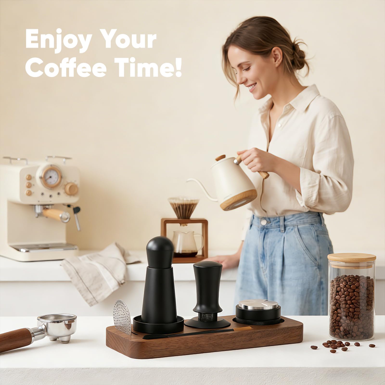 Prensador de Café, Tamper de Café de 51mm con EstacióN de Tamper, Nivelador de Café, Herramienta Wdt, Anillo Dosificador, Cepillo de Limpieza, Agitador, Pantalla de Disco