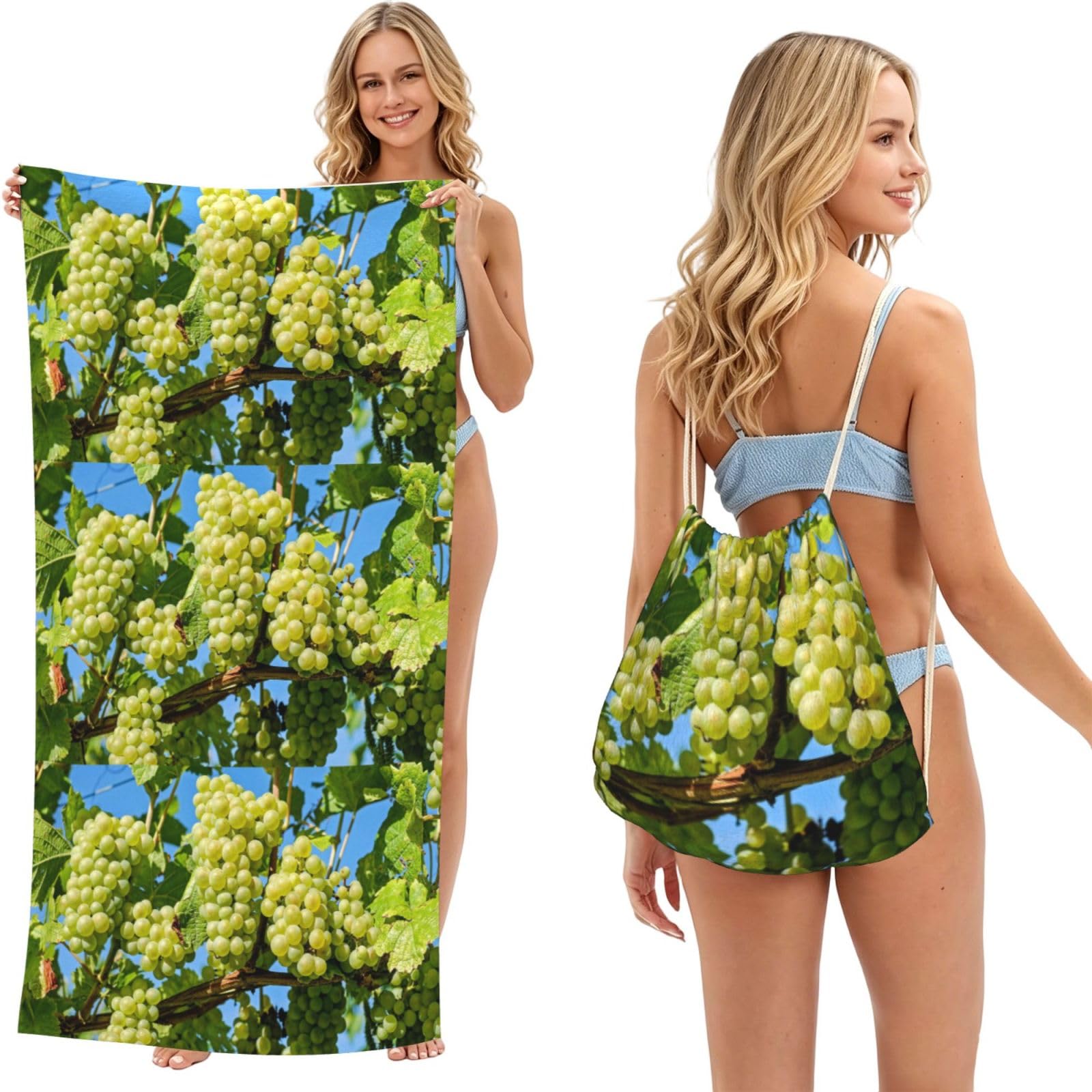 Poadnly As Picture Grapes Fruit Vine Grapevine Winegrowing, 2 In 1 Packable Towel Bag, Beach Towels With Drawstring Backpack For Travel Holiday Camping