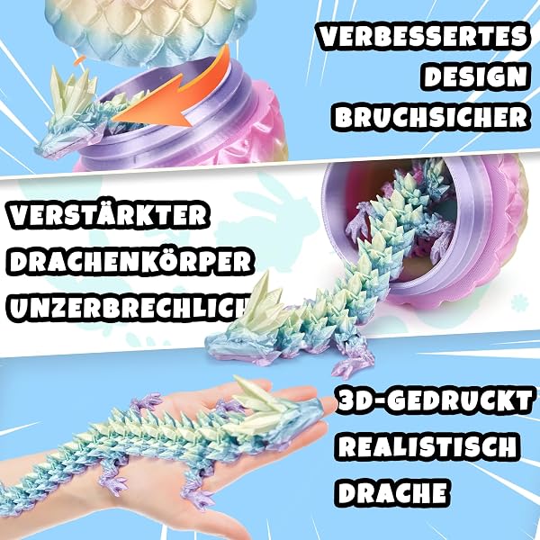 YILCER 3D Gedruckter Drache 28,5cm, Drachenei mit Upgrade bruchsicher, Verstärkte Dragon-Gelenke, Sicheres und Umweltfreundliches Material, Ostern Geschenke Kinder(Regenbogenfarben) - 5