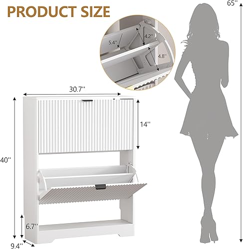 Miniatura 2 de Armario de zapatos para entrada con 2 cajones abatibles, armario de zapatos acanalado blanco con almacenamiento abierto, zapatero oculto de madera