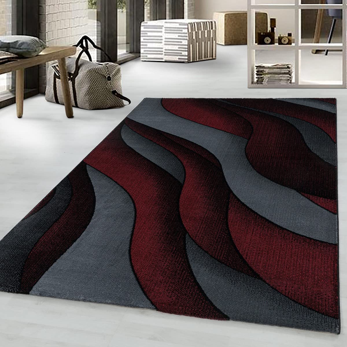 Tapis design 3D salon moderne motif vagues rouge 120x170cm rectangulaire