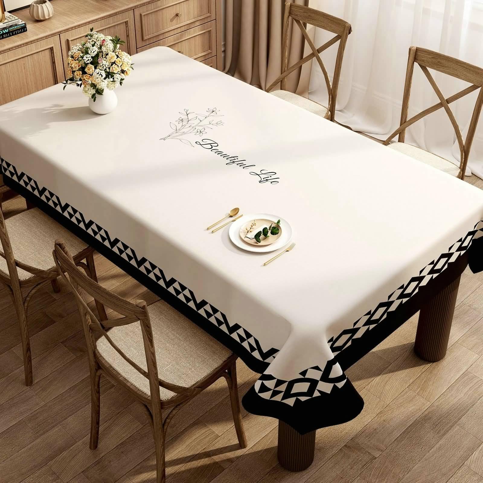 PVC Tischdecke Mit Muster, Beige Schwarz | 120x120cm